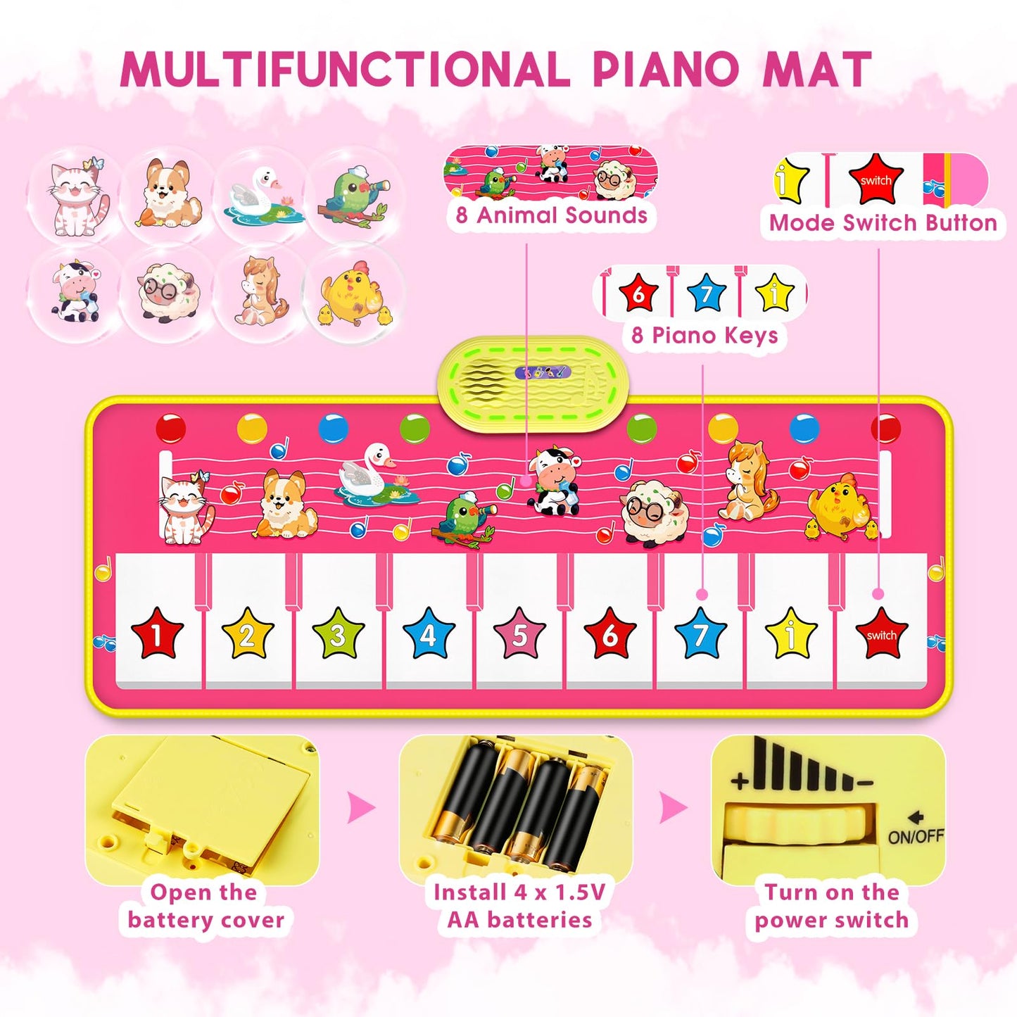 M SANMERSEN Floor Piano Mat for Toddlers | Sensory Musical Dance Mat with Lights and Animal Sounds