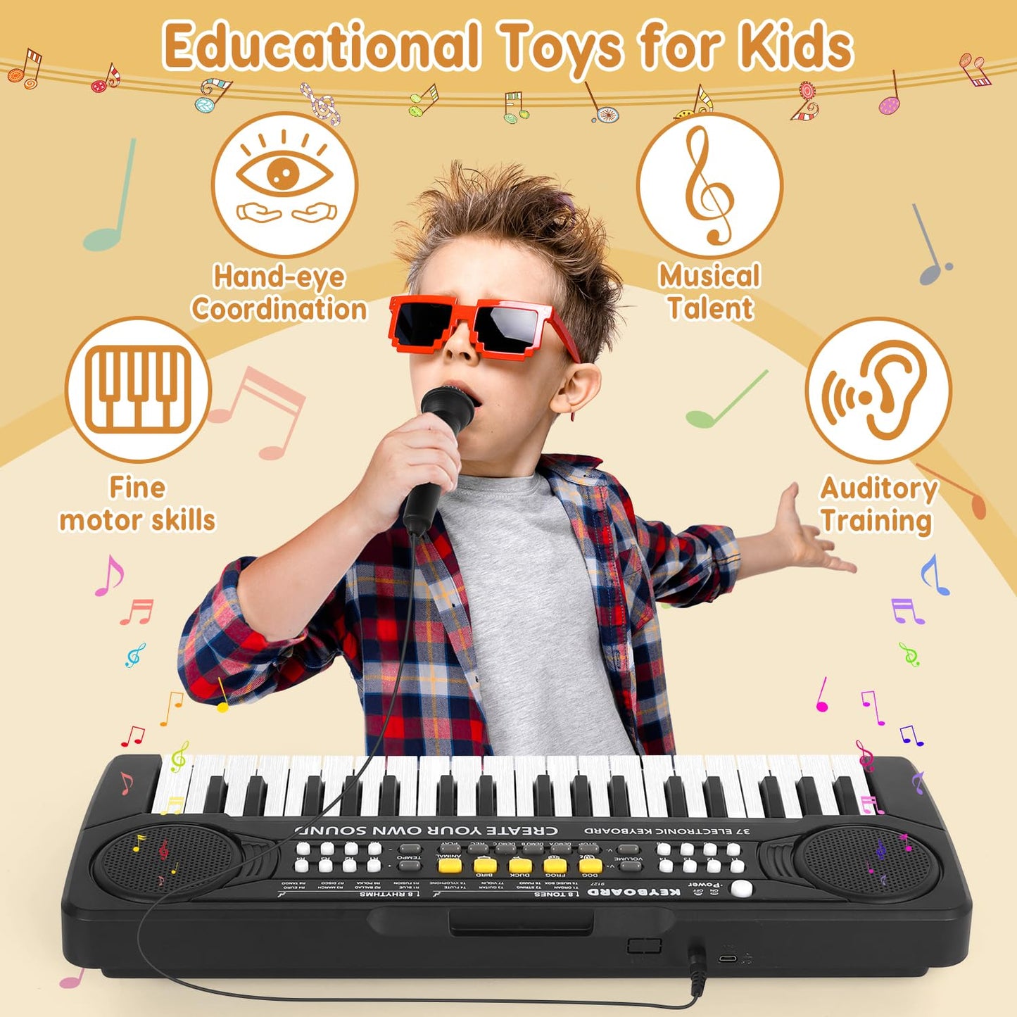 M SANMERSEN Kid Keyboard Piano – 37 Keys for Ages 3-8, Microphone, USB/Battery Powered