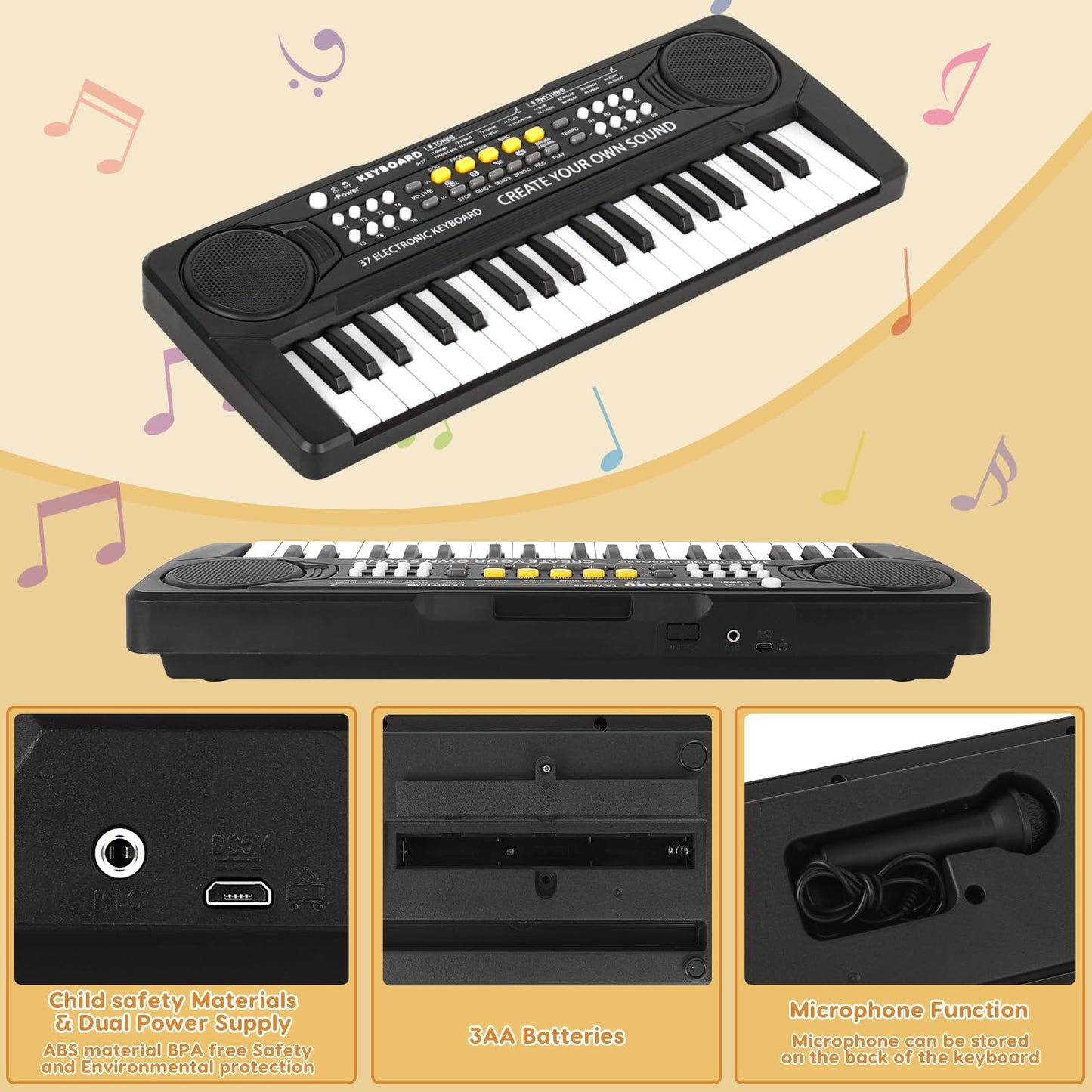 M SANMERSEN Kid Keyboard Piano – 37 Keys for Ages 3-8, Microphone, USB/Battery Powered
