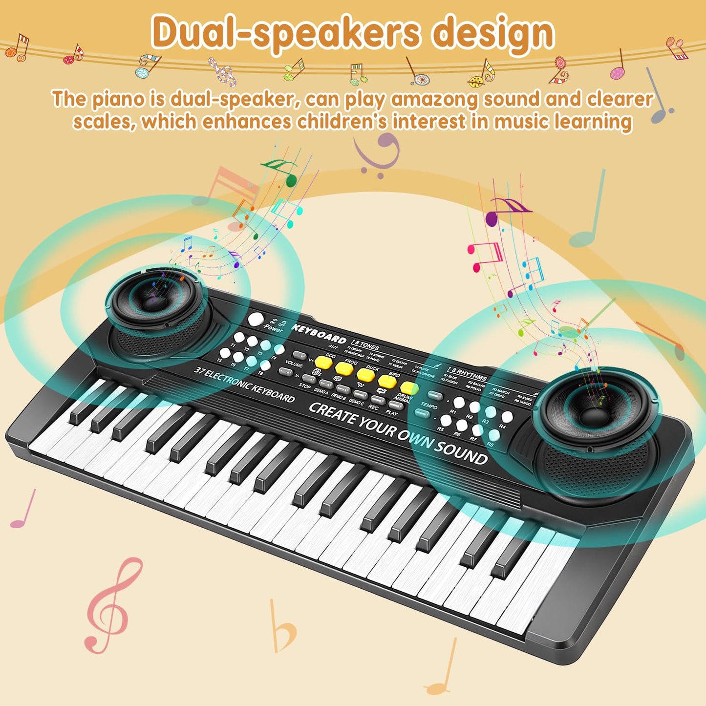 M SANMERSEN Kid Keyboard Piano – 37 Keys for Ages 3-8, Microphone, USB/Battery Powered