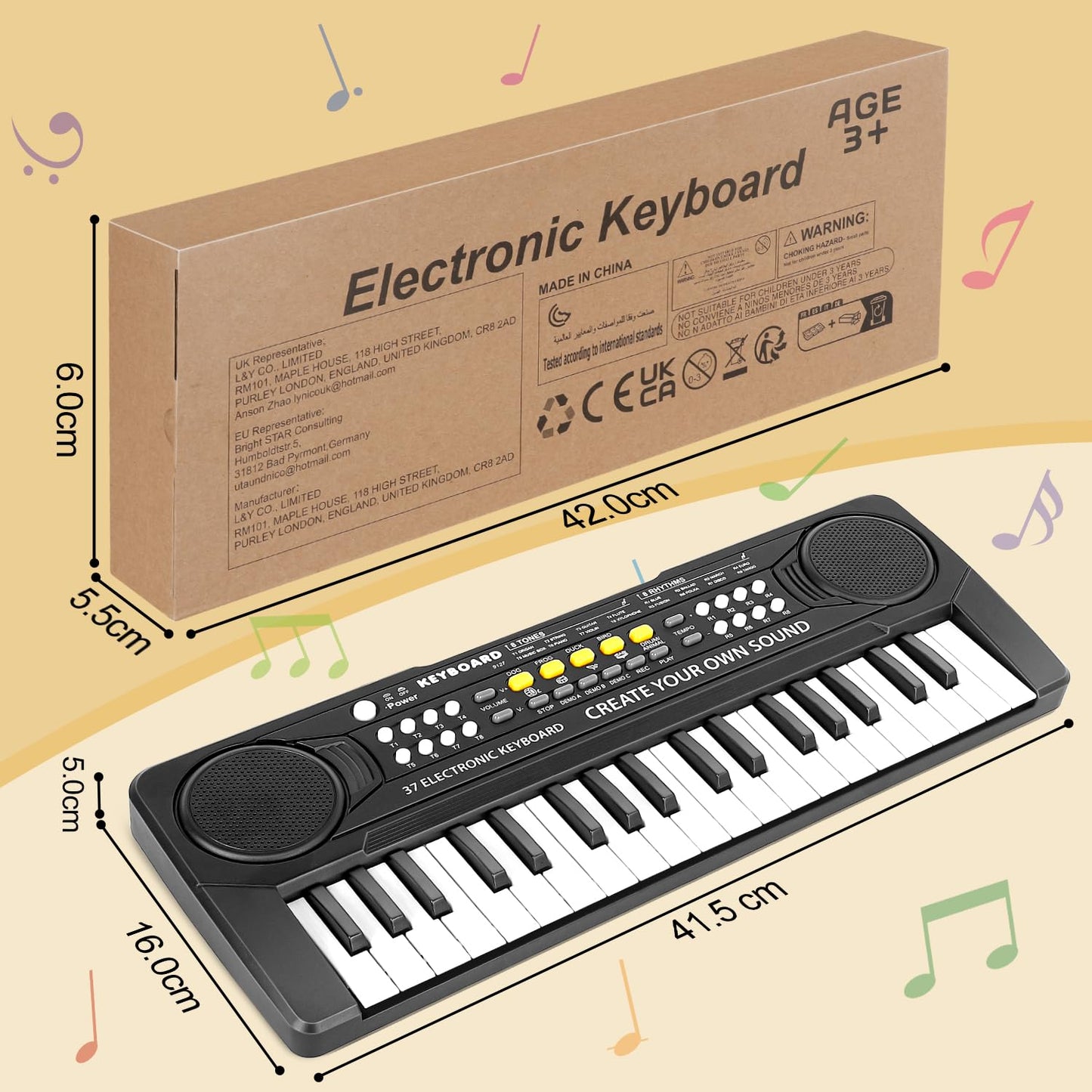 M SANMERSEN Kid Keyboard Piano – 37 Keys for Ages 3-8, Microphone, USB/Battery Powered
