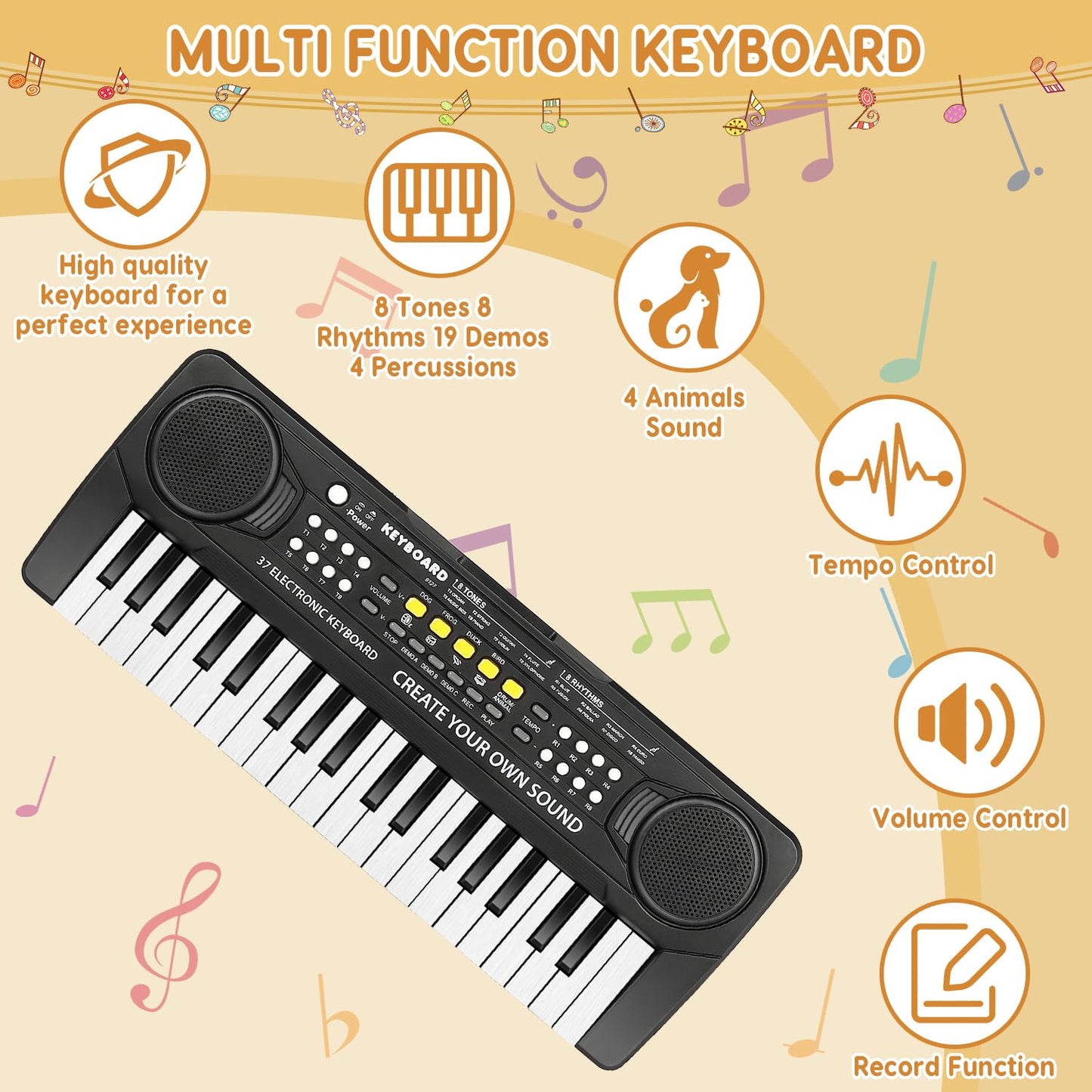 M SANMERSEN Kid Keyboard Piano – 37 Keys for Ages 3-8, Microphone, USB/Battery Powered