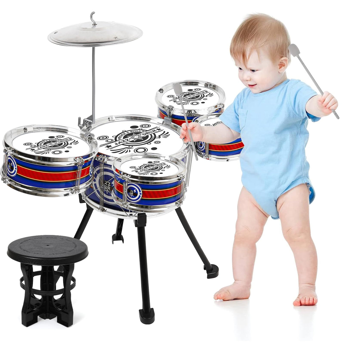 M SANMERSEN Kids Drum Set — 8-Piece Blue Kit for Beginners