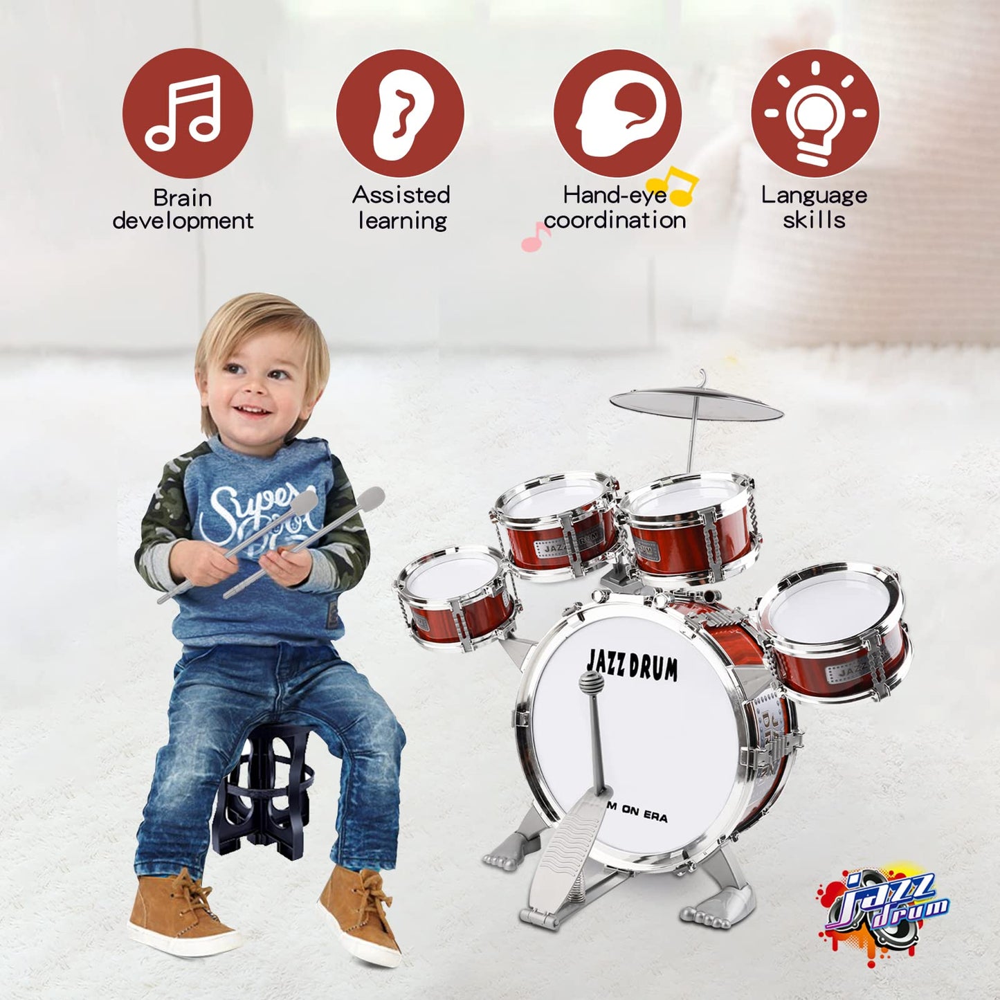 M SANMERSEN Kids 5-Piece Drum Set with Stool – Beginner Toy