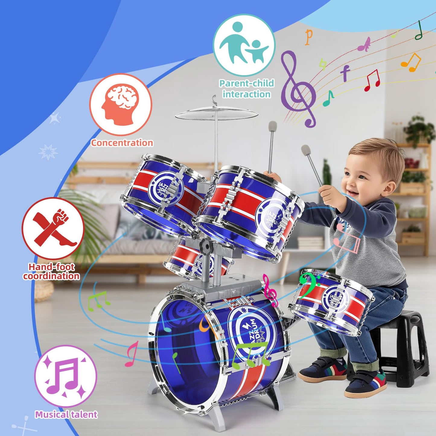 M SANMERSEN Kids Drum Set - 8-Piece Toddler Drum Kit with Stool