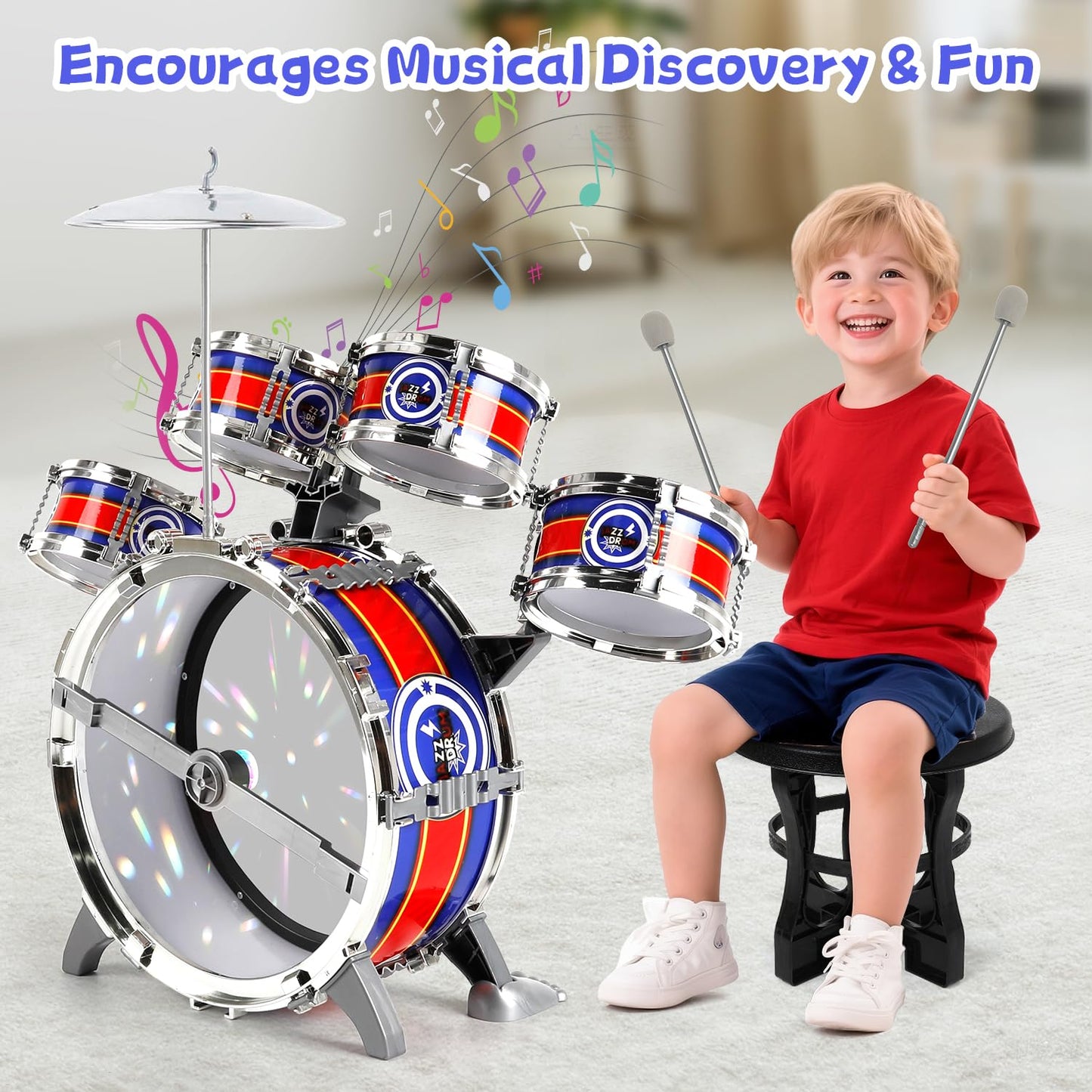M SANMERSEN Kids Drum Set for Toddlers 1–3 — Light-Up 5-Piece Beginner Kit