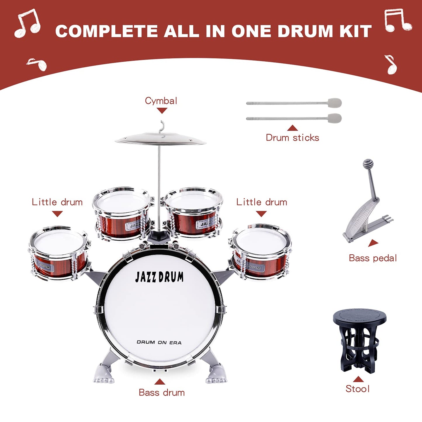 M SANMERSEN Kids 5-Piece Drum Set with Stool – Beginner Toy