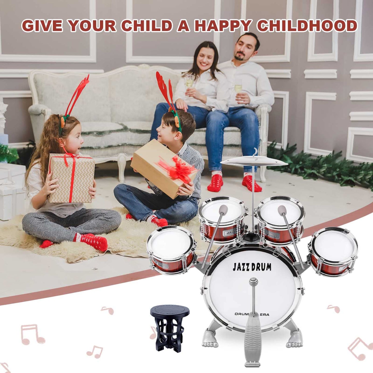 M SANMERSEN Kids 5-Piece Drum Set with Stool – Beginner Toy
