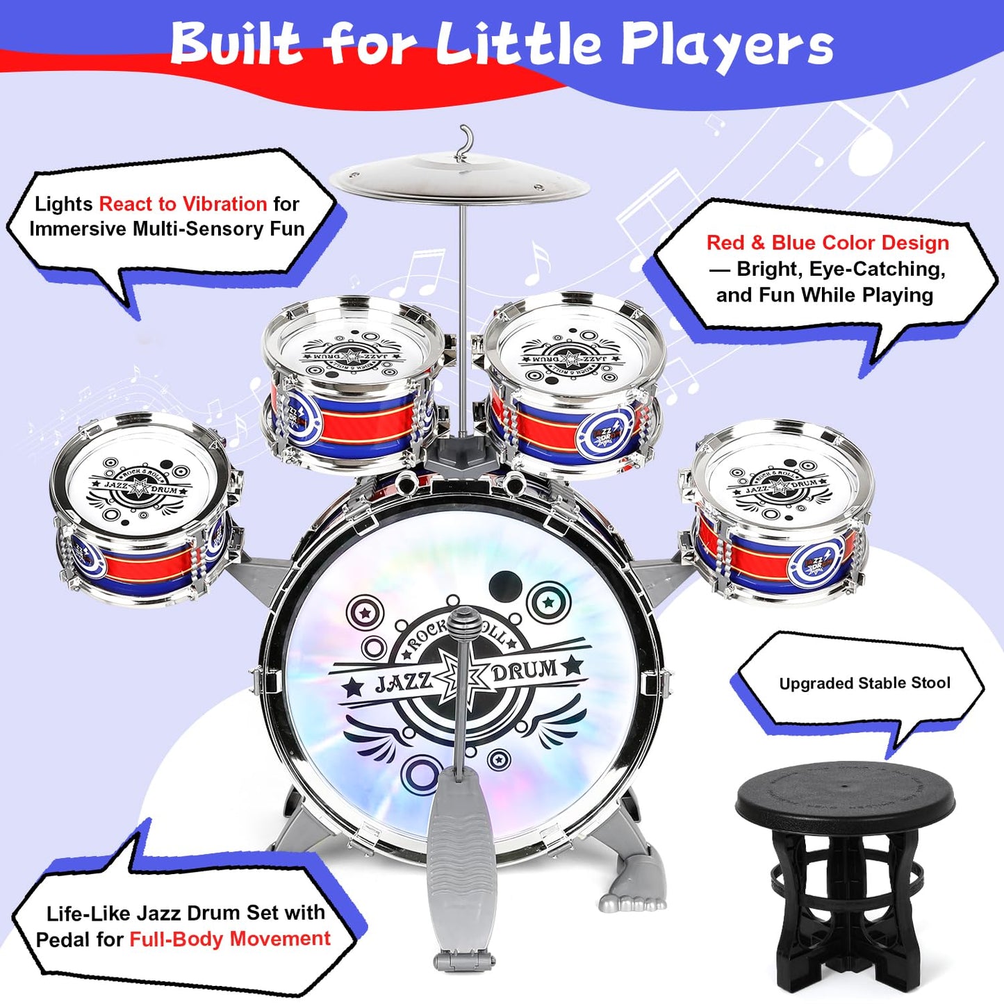 M SANMERSEN Kids Drum Set for Toddlers 1–3 — Light-Up 5-Piece Beginner Kit
