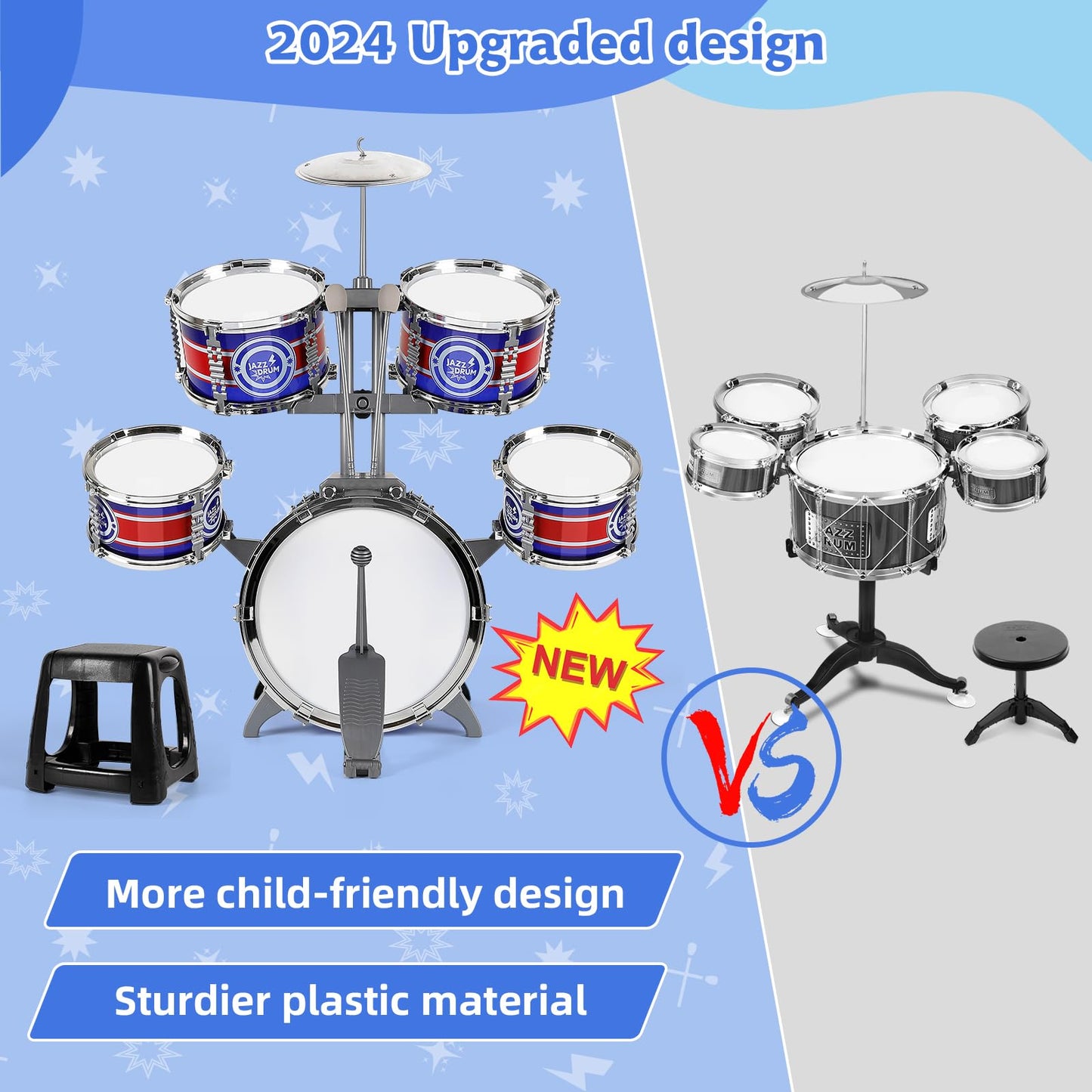 M SANMERSEN Kids Drum Set - 8-Piece Toddler Drum Kit with Stool