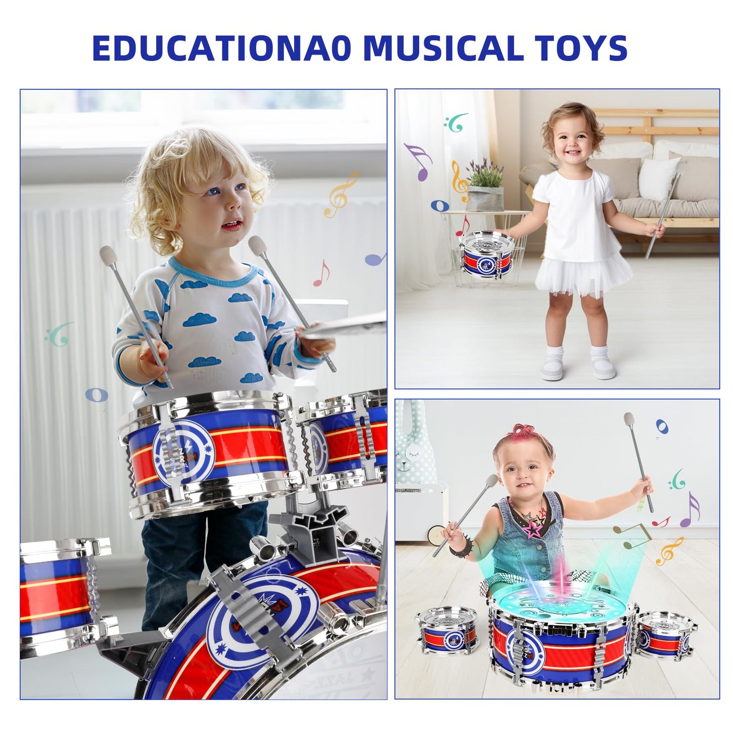 M SANMERSEN Kids Drum Set for Toddlers 1–3 — Light-Up 5-Piece Beginner Kit