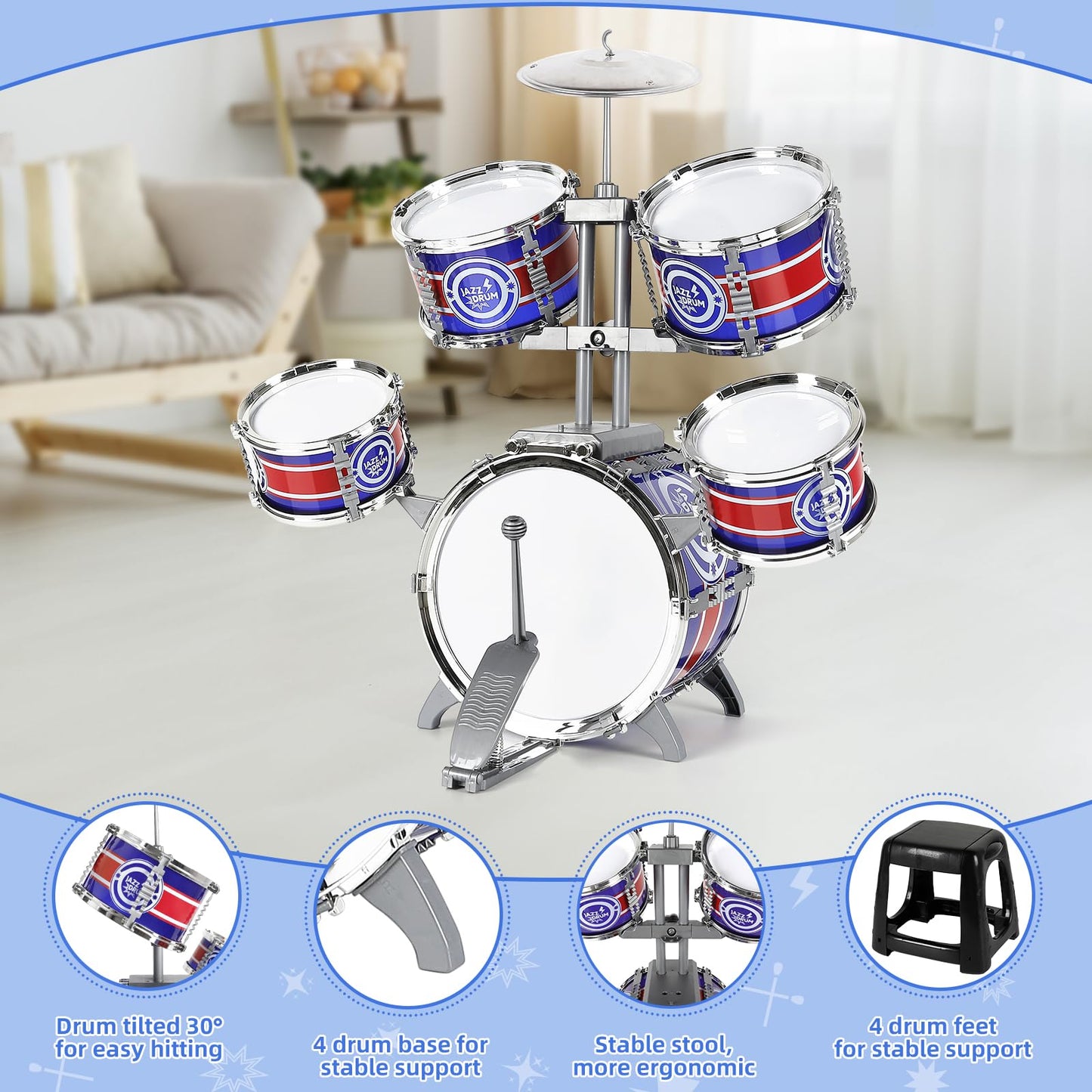 M SANMERSEN Kids Drum Set - 8-Piece Toddler Drum Kit with Stool