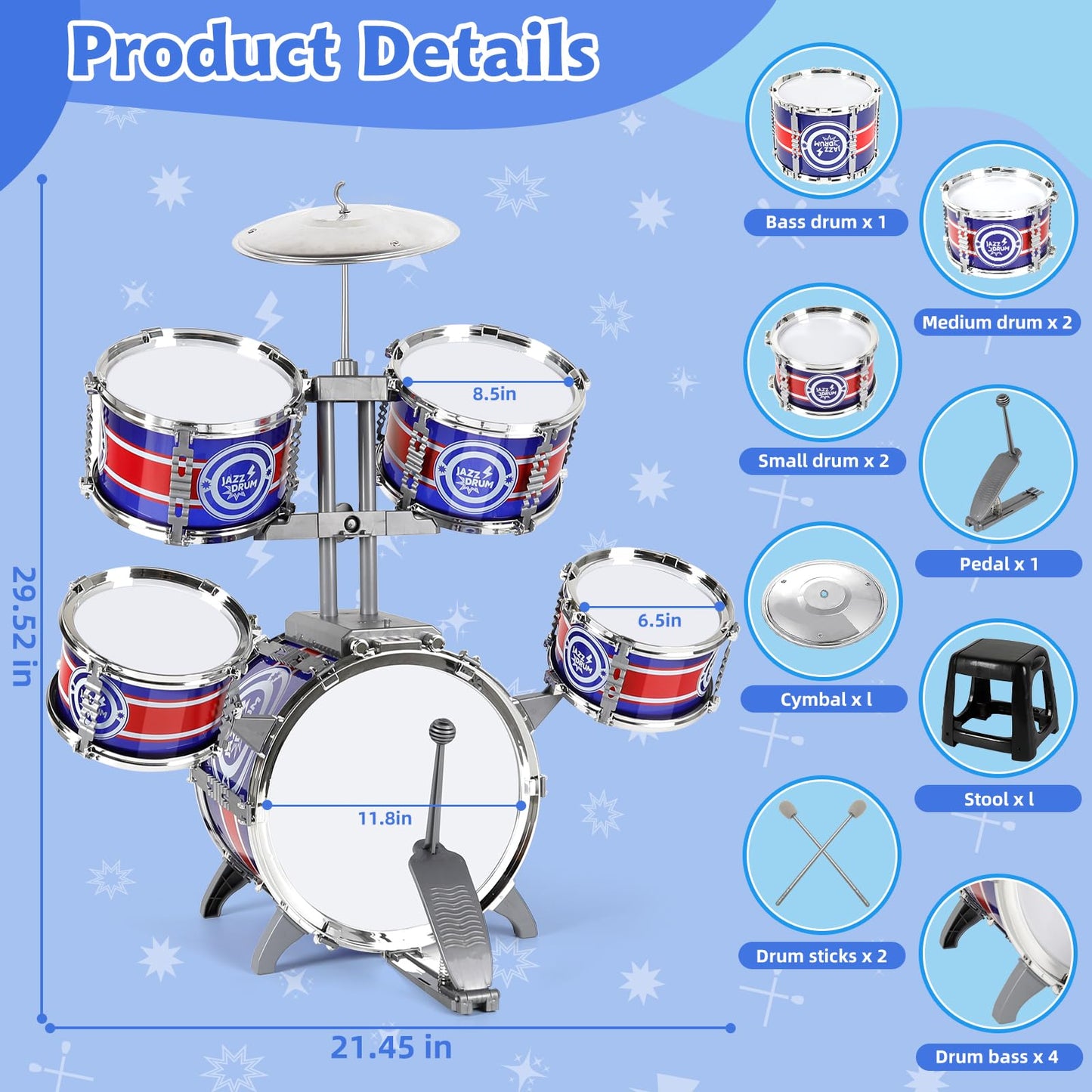 M SANMERSEN Kids Drum Set - 8-Piece Toddler Drum Kit with Stool