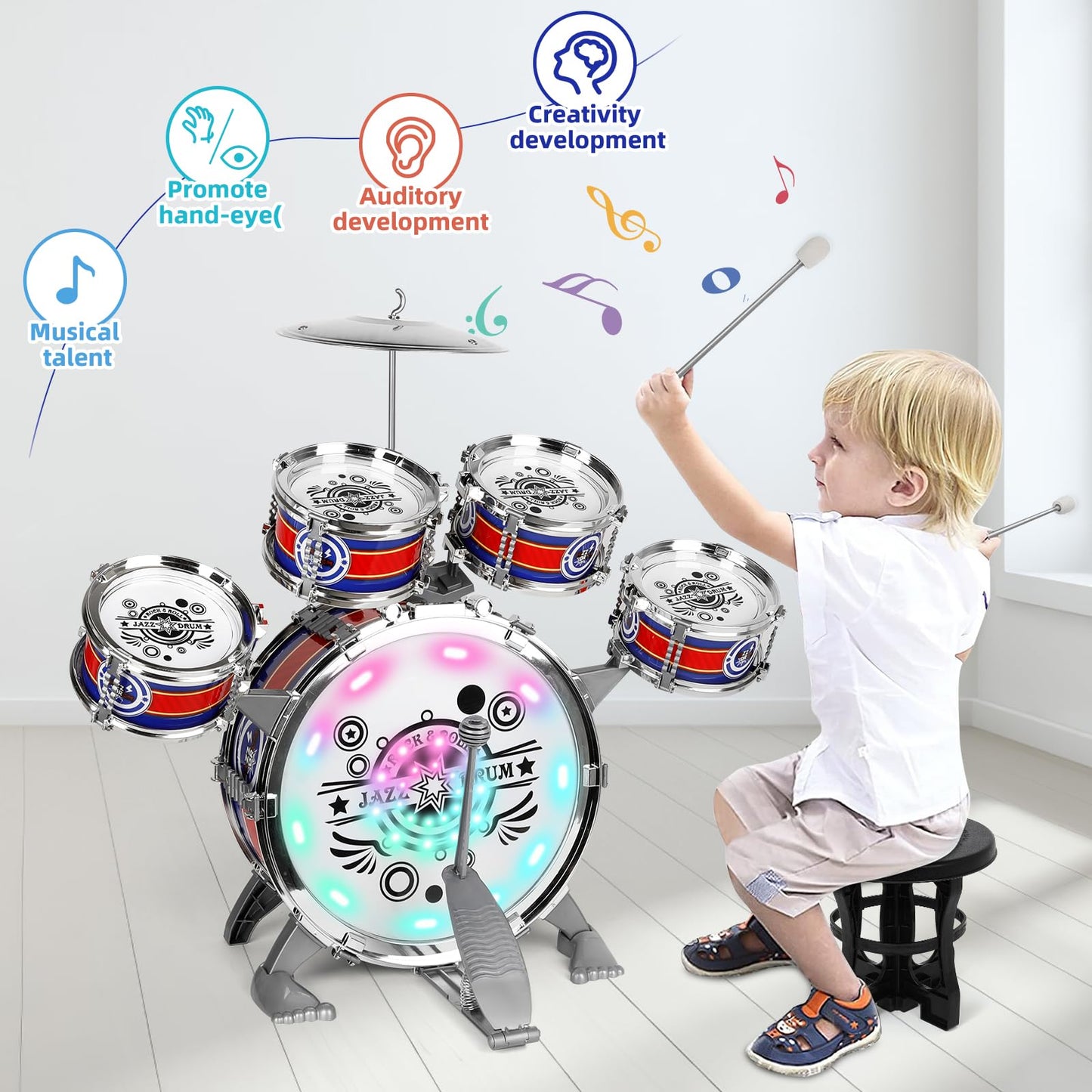 M SANMERSEN Kids Drum Set for Toddlers 1–3 — Light-Up 5-Piece Beginner Kit