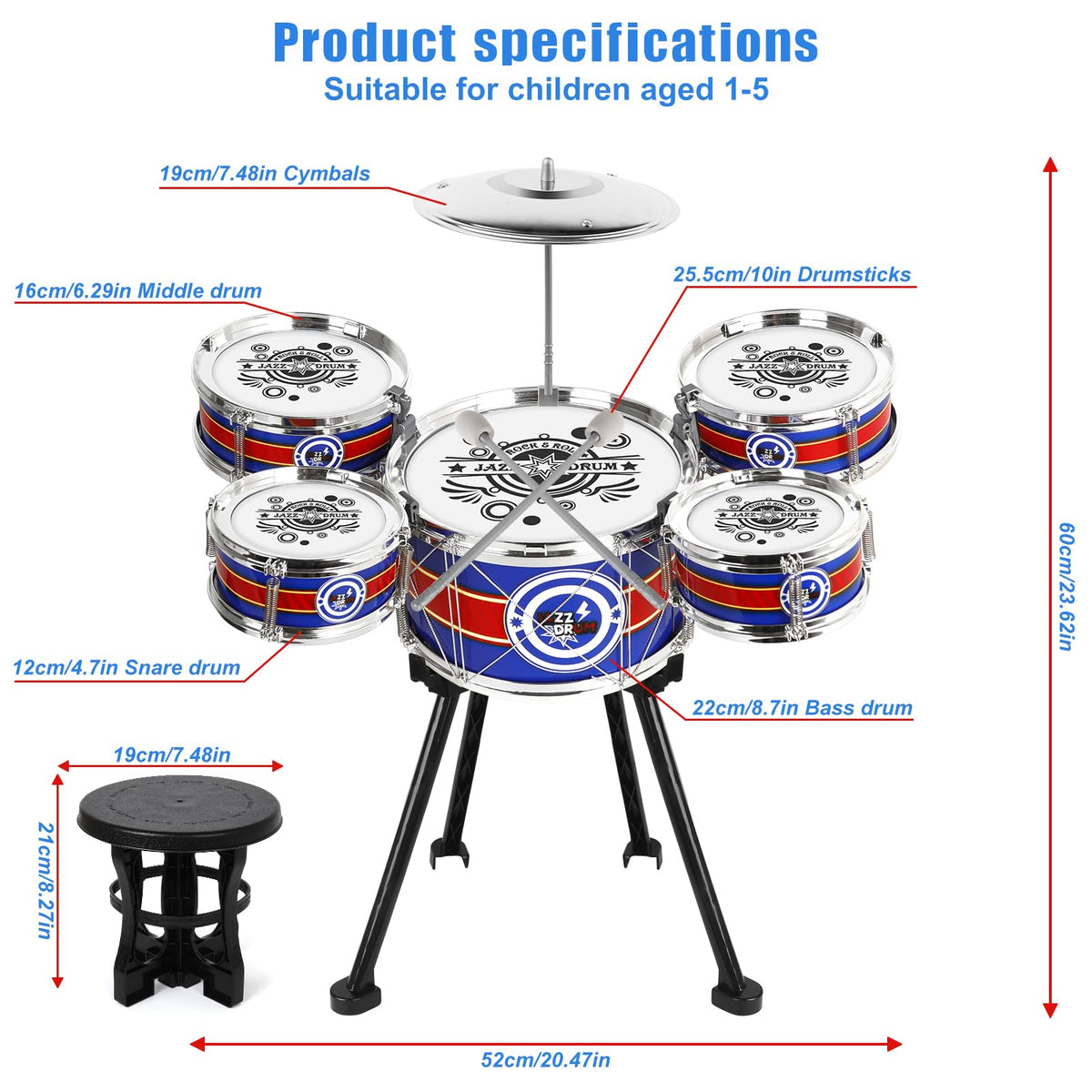M SANMERSEN Kids Drum Set — 8-Piece Blue Kit for Beginners