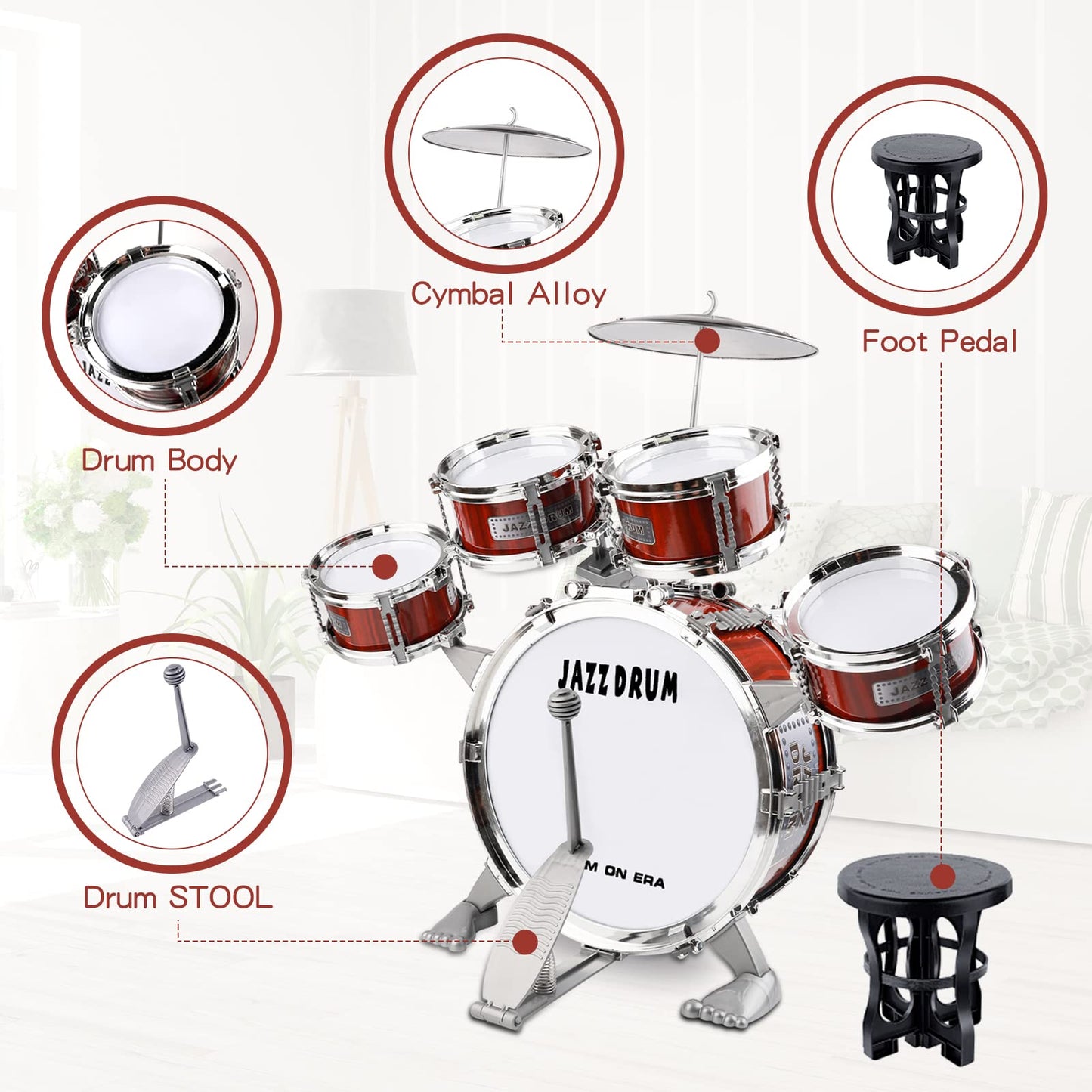 M SANMERSEN Kids 5-Piece Drum Set with Stool – Beginner Toy