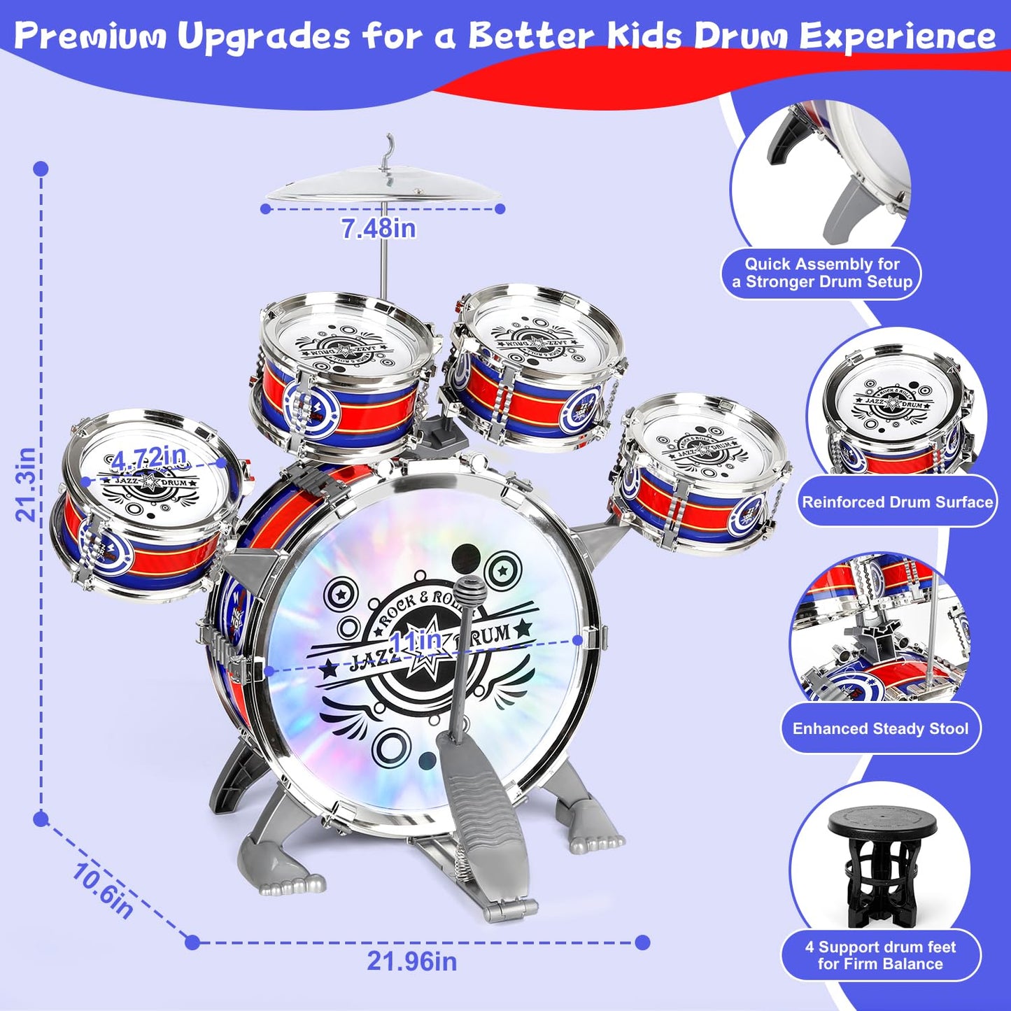 M SANMERSEN Kids Drum Set for Toddlers 1–3 — Light-Up 5-Piece Beginner Kit