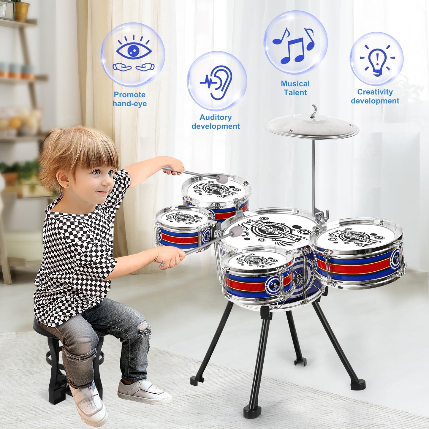M SANMERSEN Kids Drum Set — 8-Piece Blue Kit for Beginners