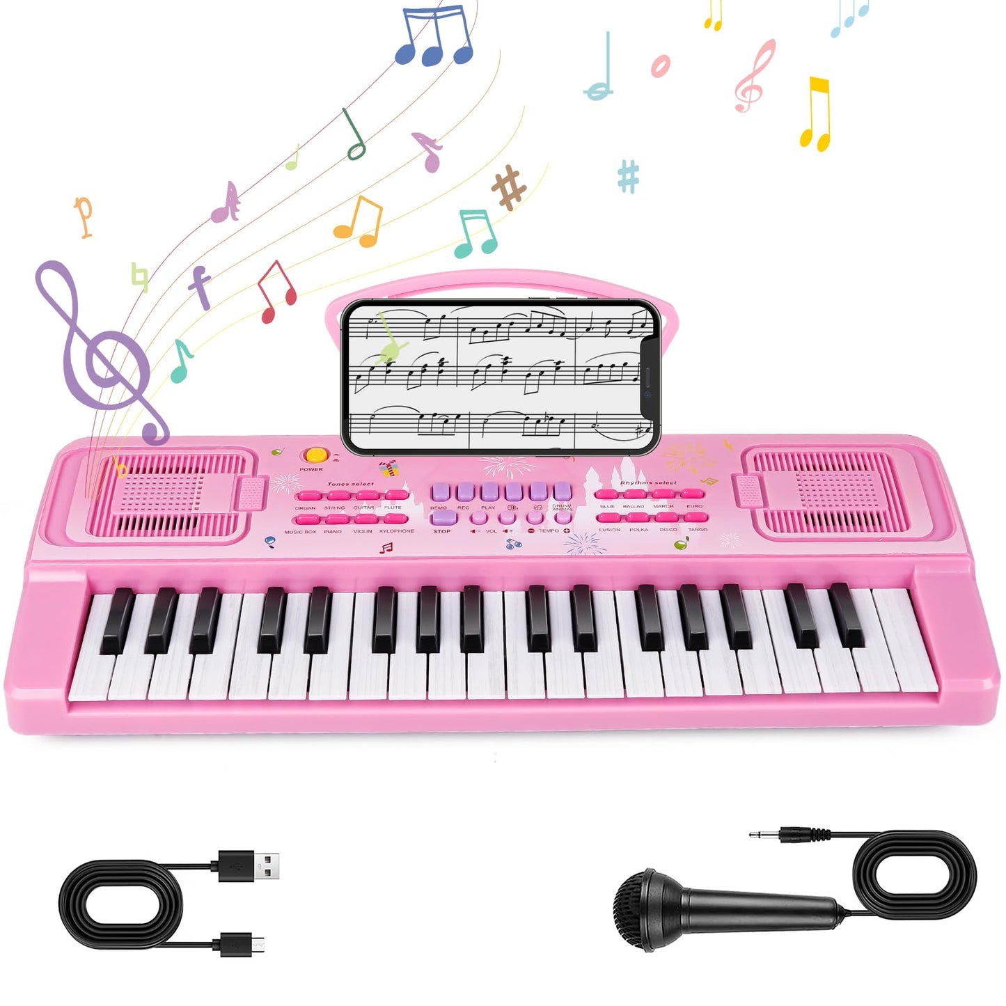 M SANMERSEN Kids Keyboard Piano – 37 Keys, Pink, Microphone | Educational Toy for Toddlers