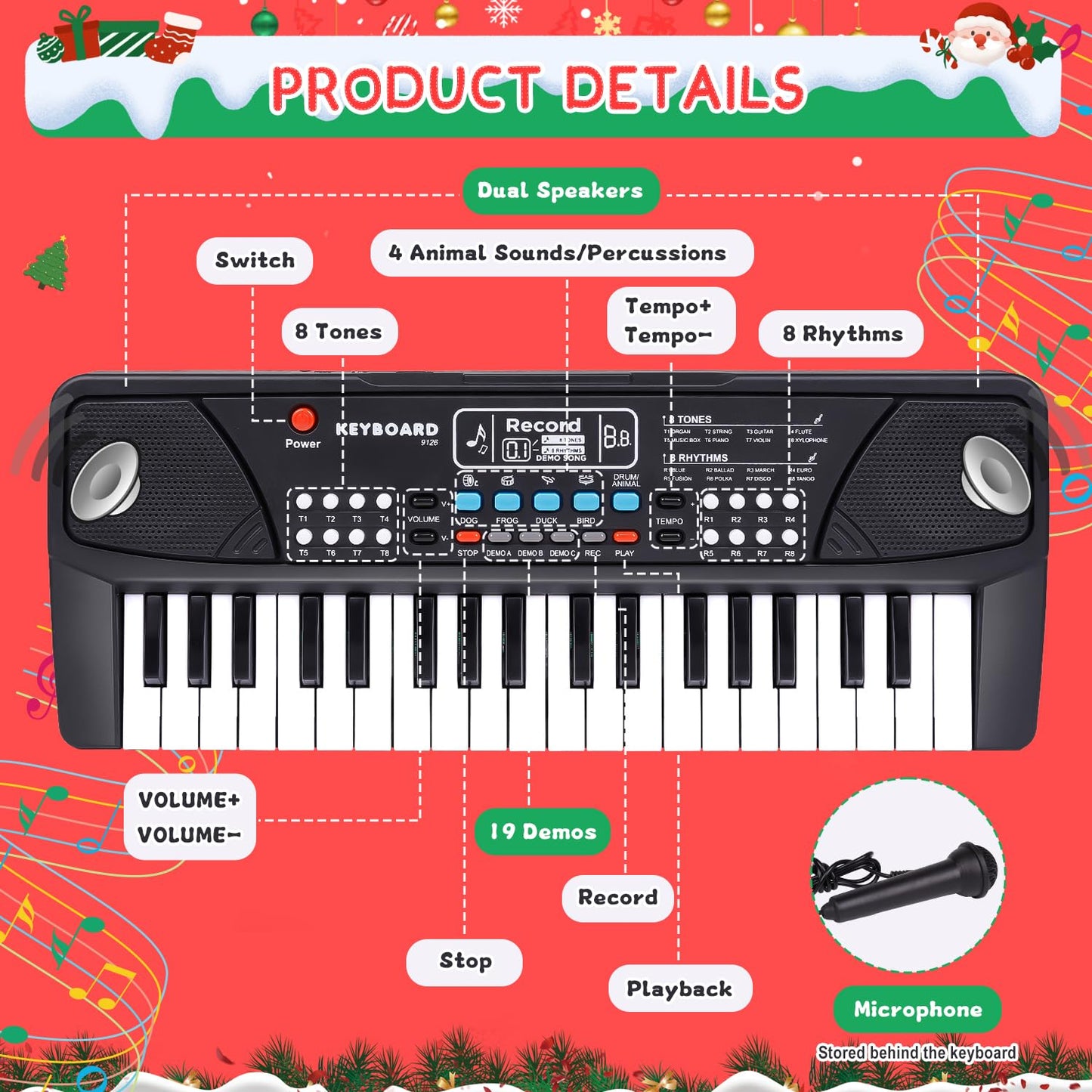 M SANMERSEN Upgraded 37-Key Kids Piano with Microphone - Portable Educational Toy for Ages 3-6