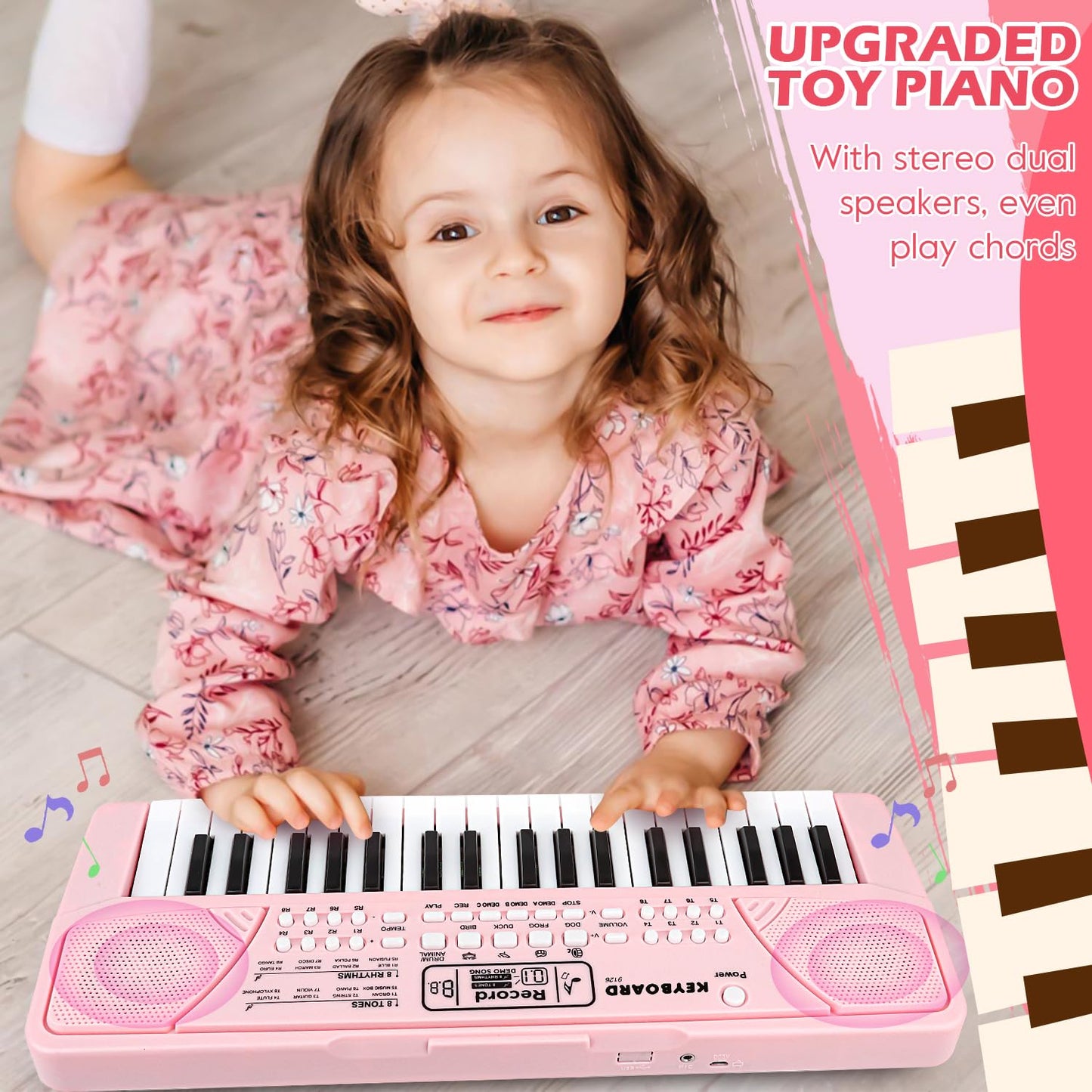 M SANMERSEN Kids Piano Keyboard 37 Keys with Microphone – Portable Beginner Keyboard for 3–6 Year Olds (Pink)