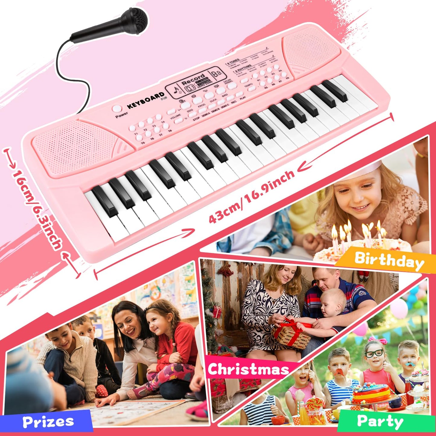 M SANMERSEN Kids Piano Keyboard 37 Keys with Microphone – Portable Beginner Keyboard for 3–6 Year Olds (Pink)
