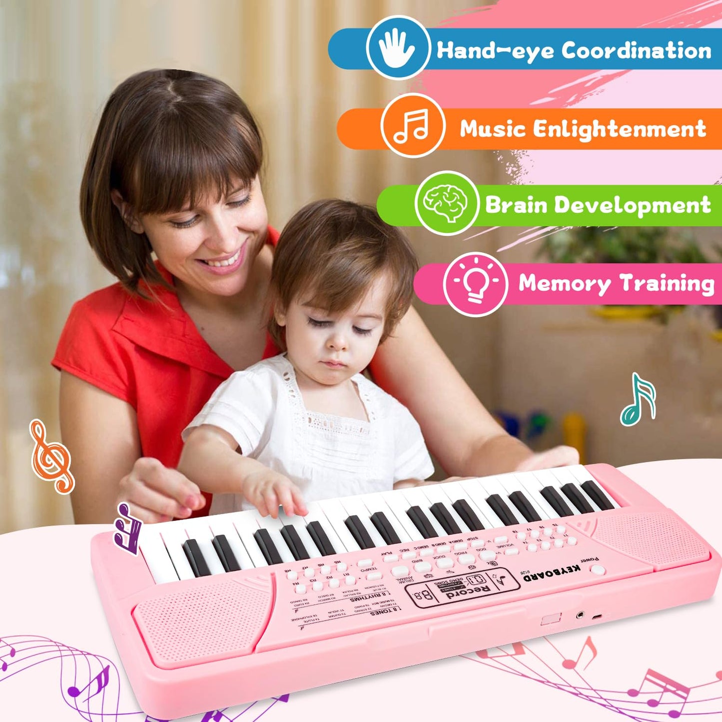 M SANMERSEN Kids Piano Keyboard 37 Keys with Microphone – Portable Beginner Keyboard for 3–6 Year Olds (Pink)
