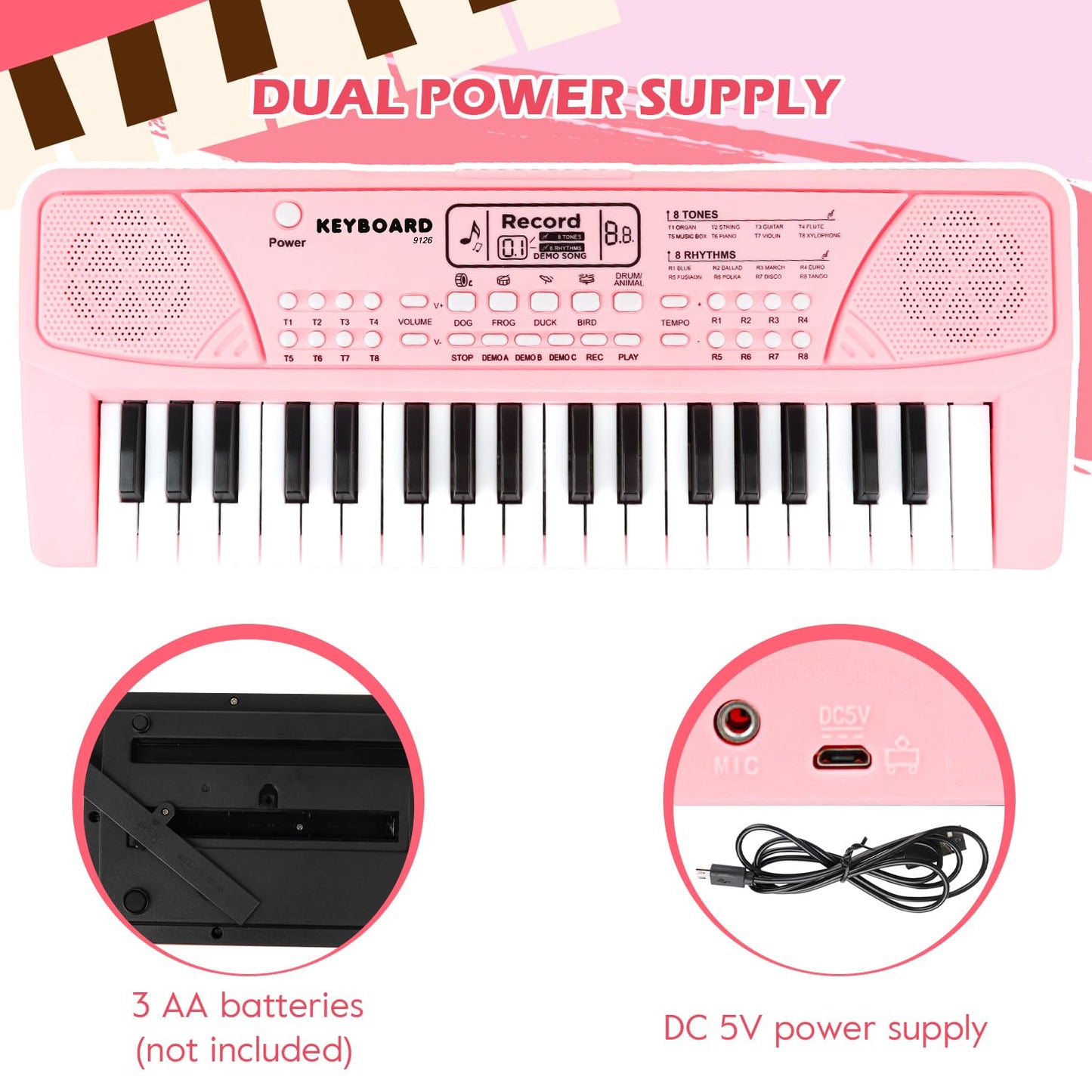 M SANMERSEN Kids Piano Keyboard 37 Keys with Microphone – Portable Beginner Keyboard for 3–6 Year Olds (Pink)