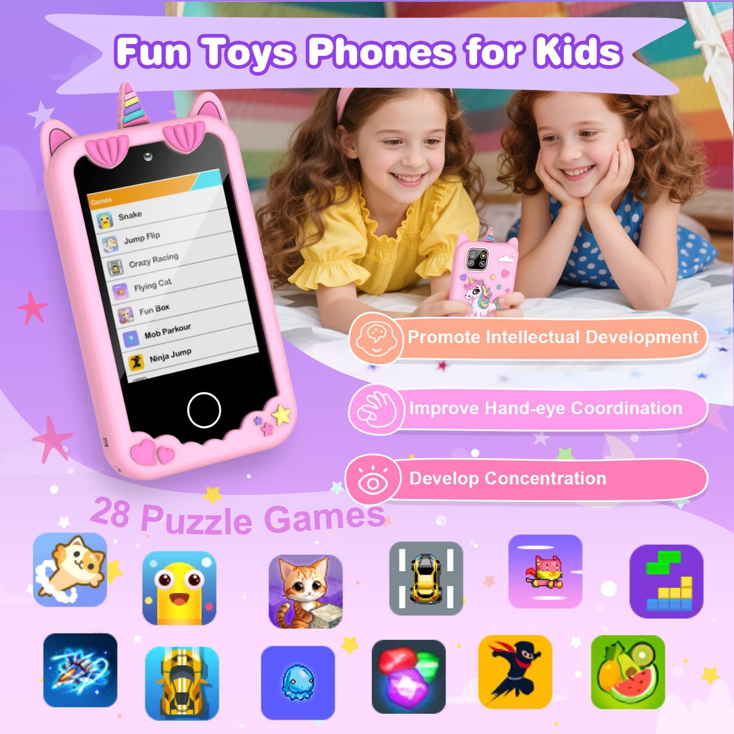 M SANMERSEN Kids Smart Phone for 3-6 Year Olds – 2.8-inch Touchscreen, Dual Camera, 32GB, 28 Learning Games