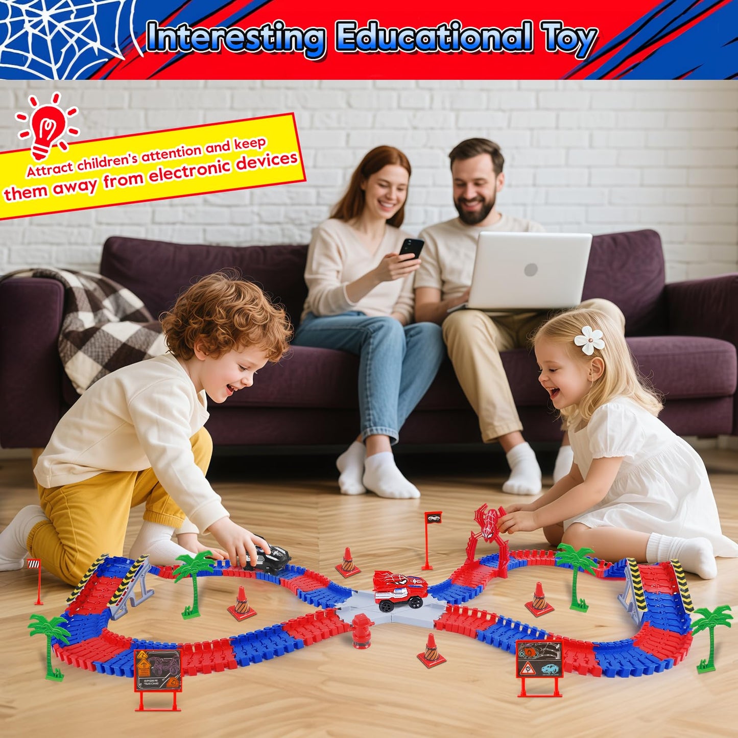 M SANMERSEN Spider Race Track – 212-Piece Set for Kids Aged 4-8