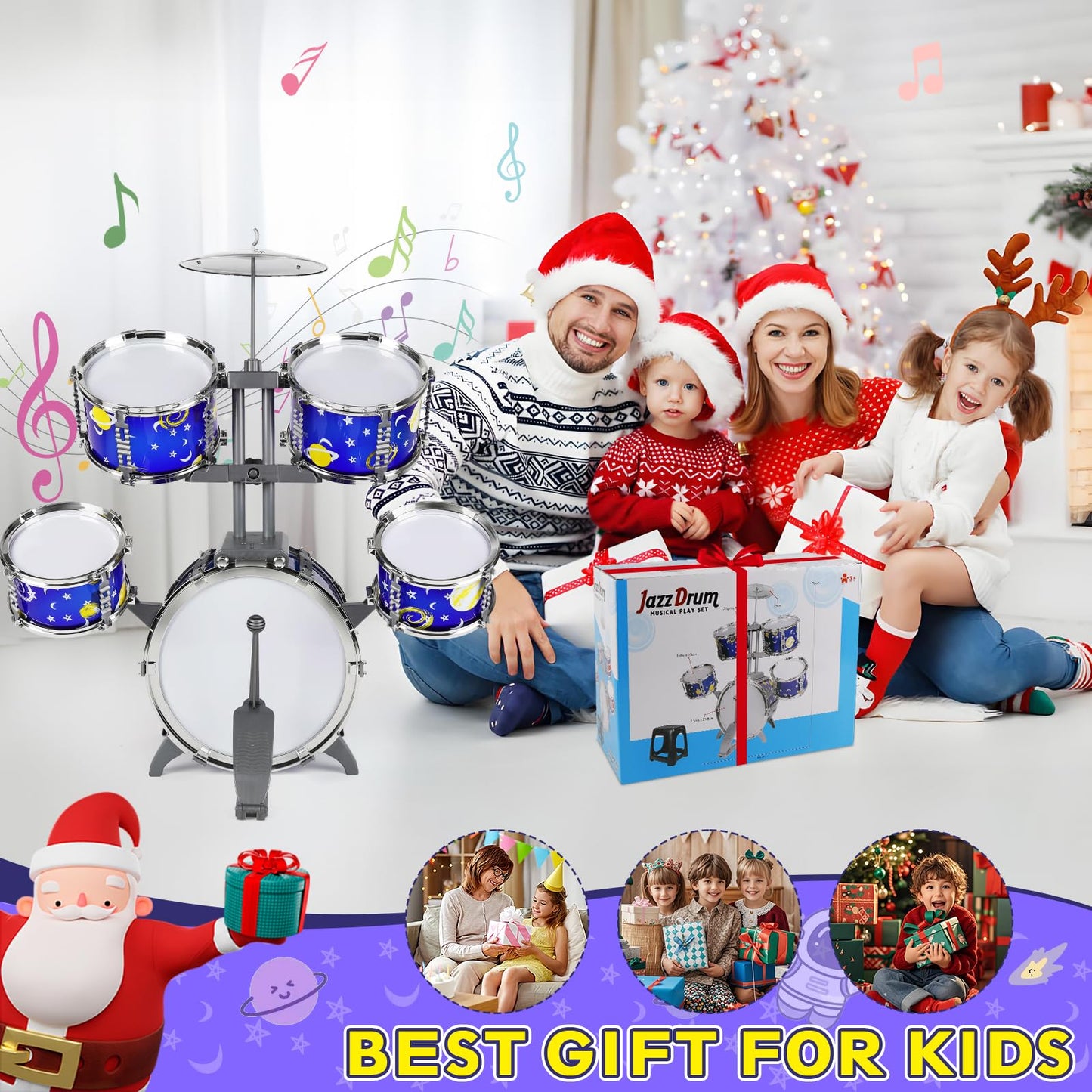 M SANMERSEN Upgraded Kids Jazz Drum Set with Stool | Toddler Toy Drum Kit 1-5