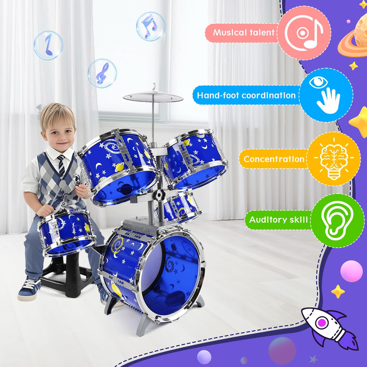 M SANMERSEN Upgraded Kids Jazz Drum Set with Stool | Toddler Toy Drum Kit 1-5