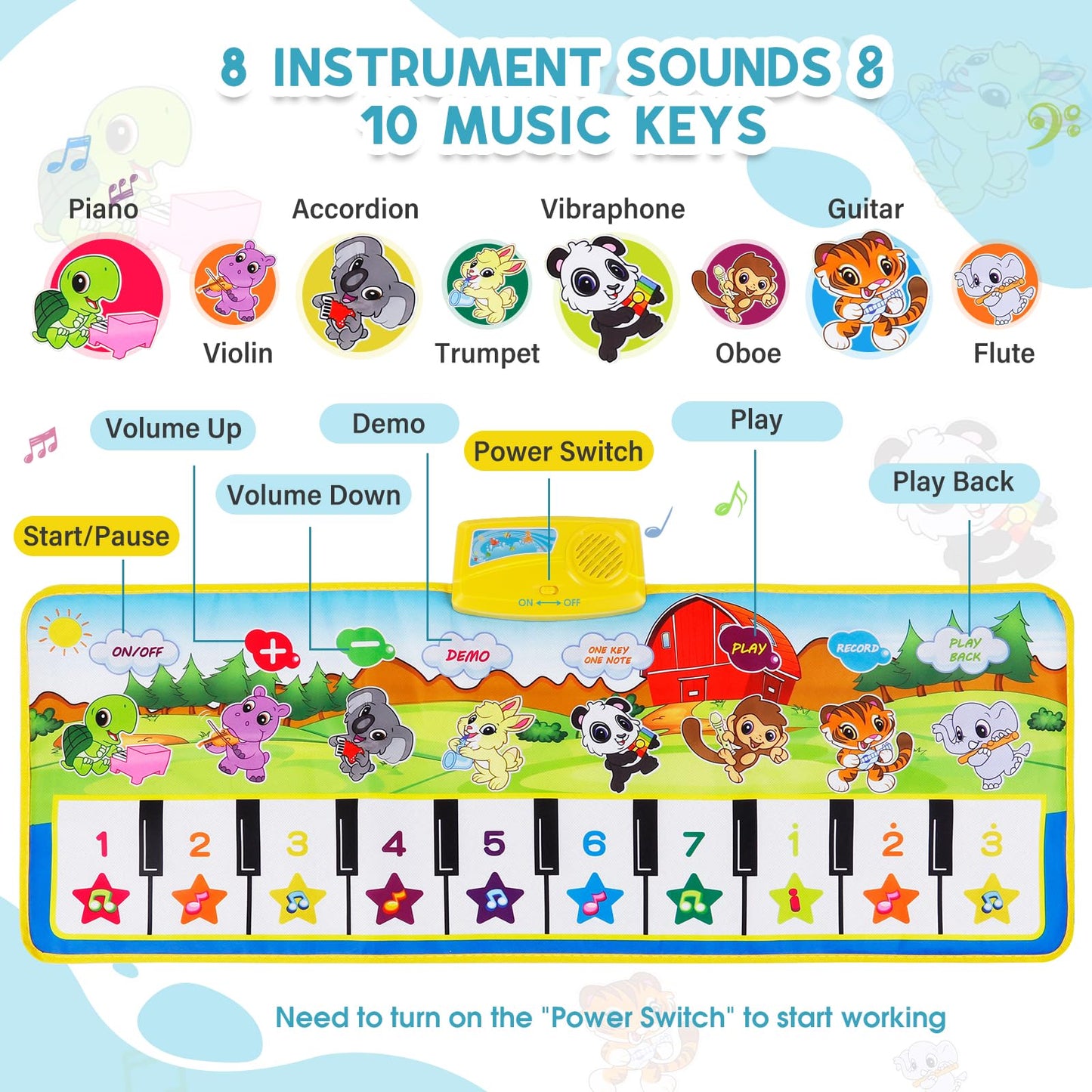 M SANMERSEN Piano Mat – 39.5 x 14 in Interactive Floor Keyboard for Toddlers with 8 Instrument Sounds
