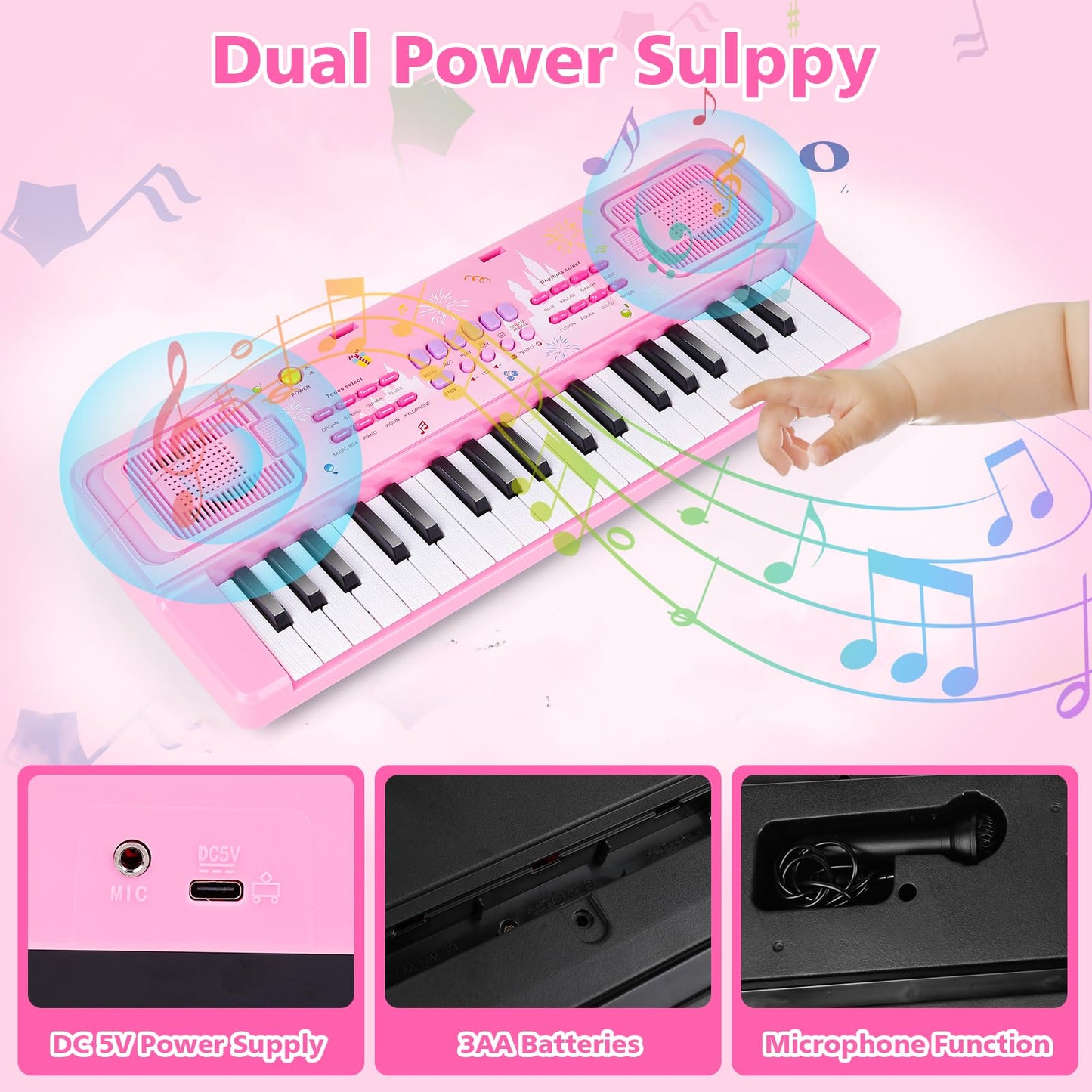 M SANMERSEN Kids Keyboard Piano – 37 Keys, Pink, Microphone | Educational Toy for Toddlers