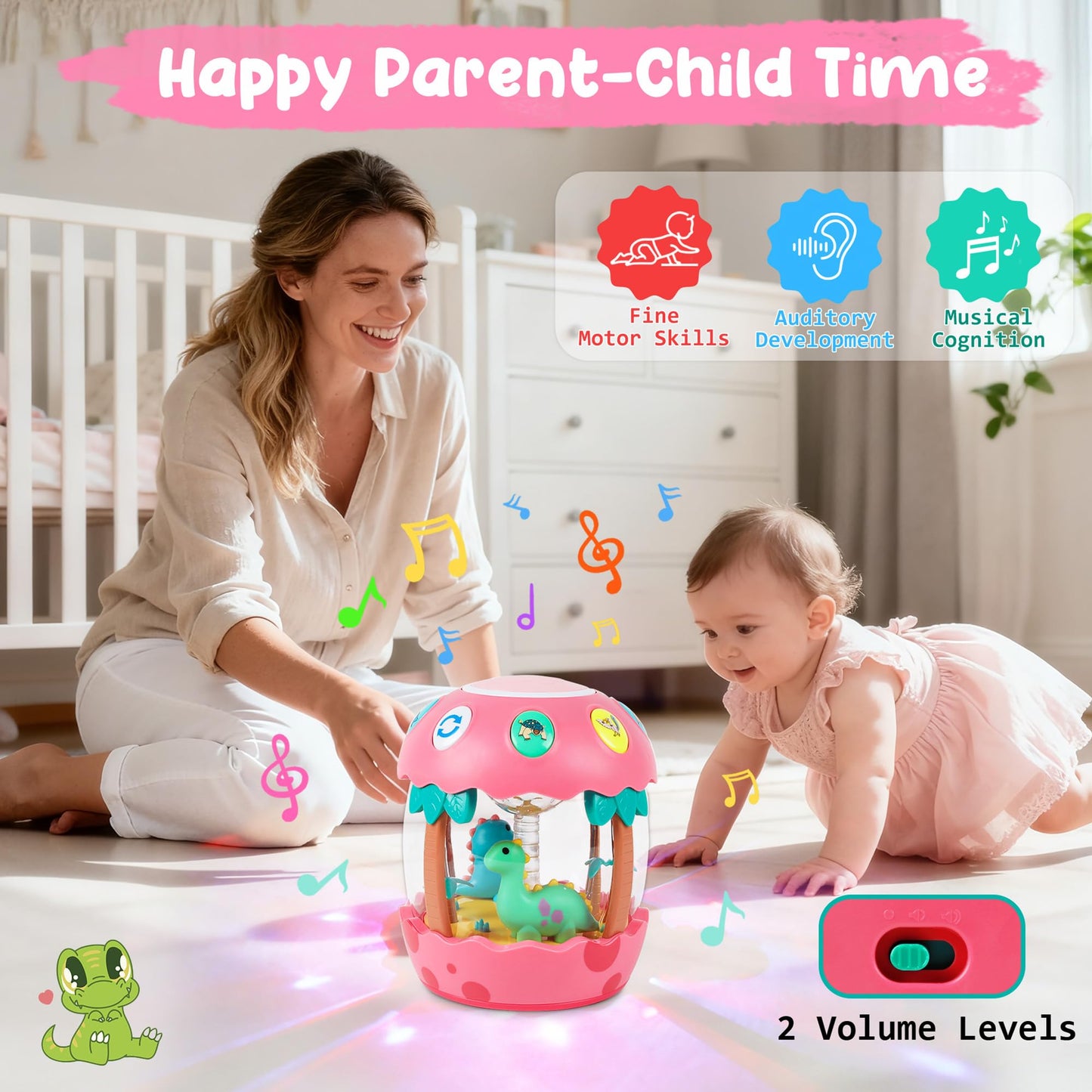 M SANMERSEN Baby Dinosaur Toy – Rotating Light-Up Musical Toy for 6–18 Months