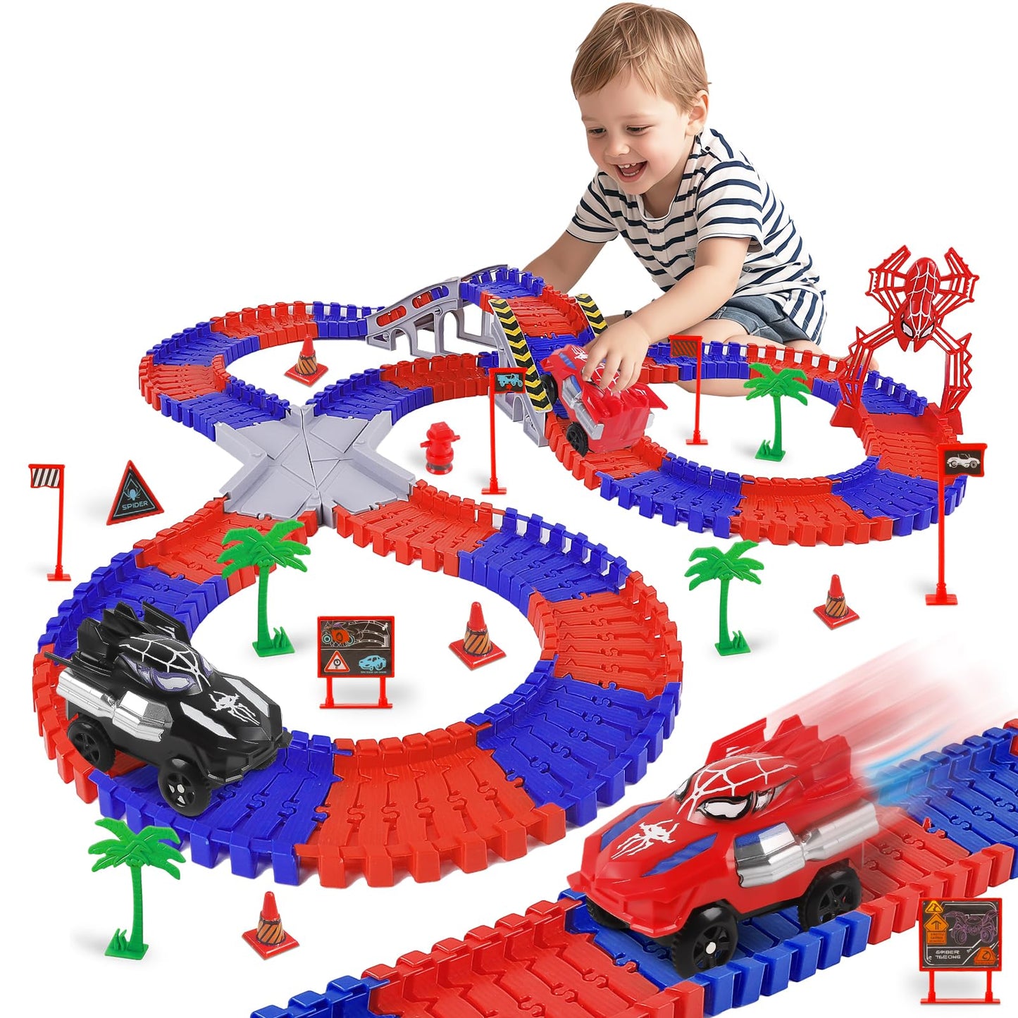 M SANMERSEN Spider Race Track – 212-Piece Set for Kids Aged 4-8