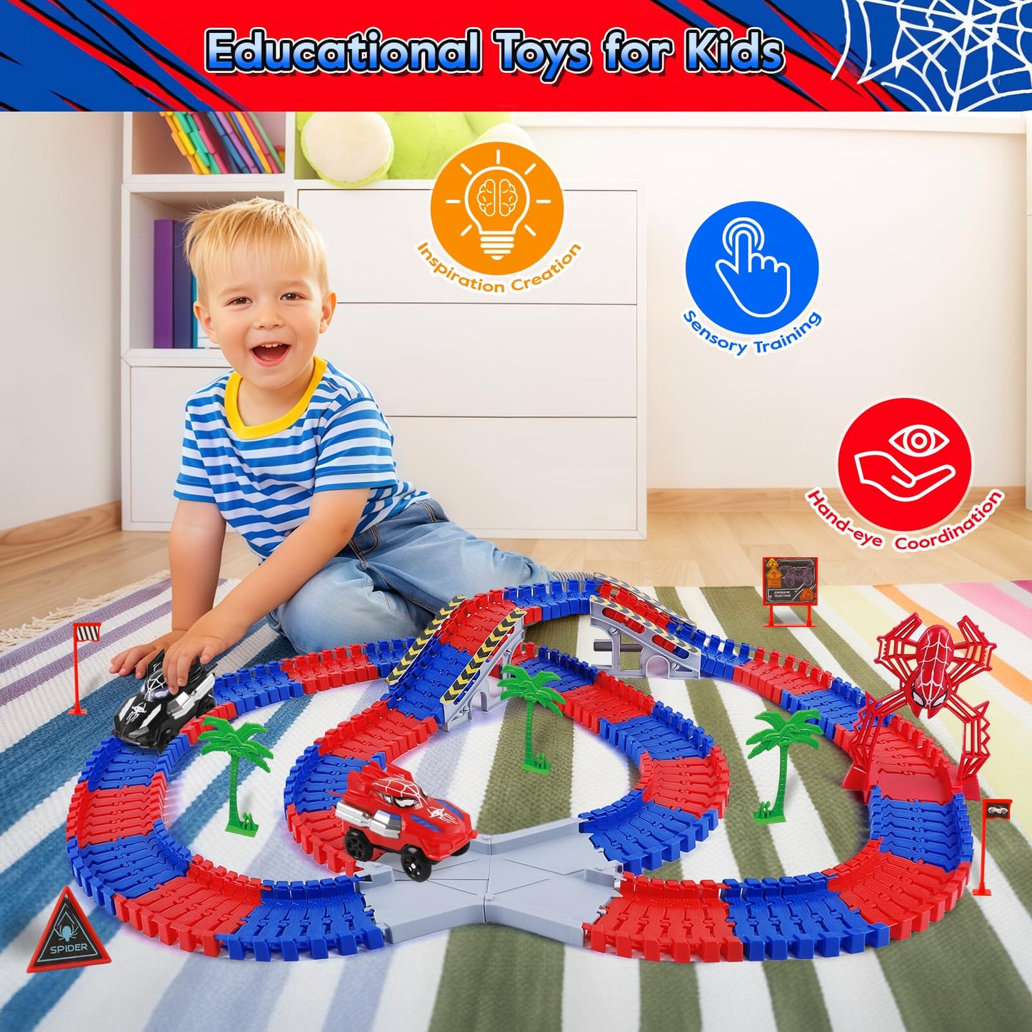 M SANMERSEN Spider Race Track – 212-Piece Set for Kids Aged 4-8