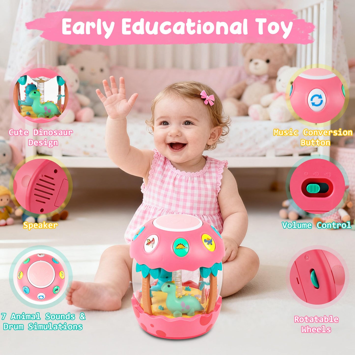M SANMERSEN Baby Dinosaur Toy – Rotating Light-Up Musical Toy for 6–18 Months