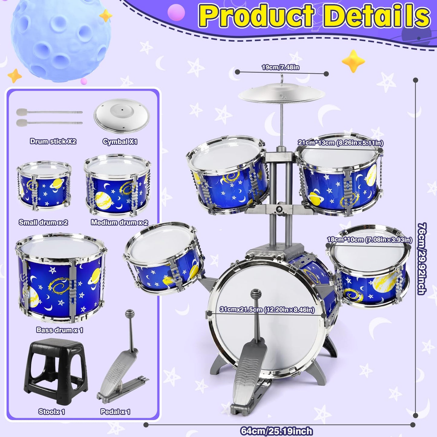 M SANMERSEN Upgraded Kids Jazz Drum Set with Stool | Toddler Toy Drum Kit 1-5