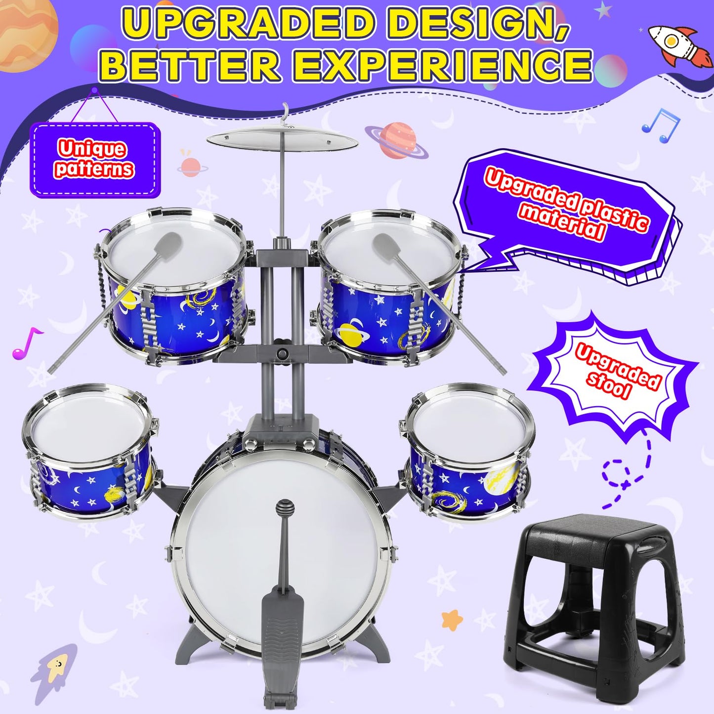 M SANMERSEN Upgraded Kids Jazz Drum Set with Stool | Toddler Toy Drum Kit 1-5