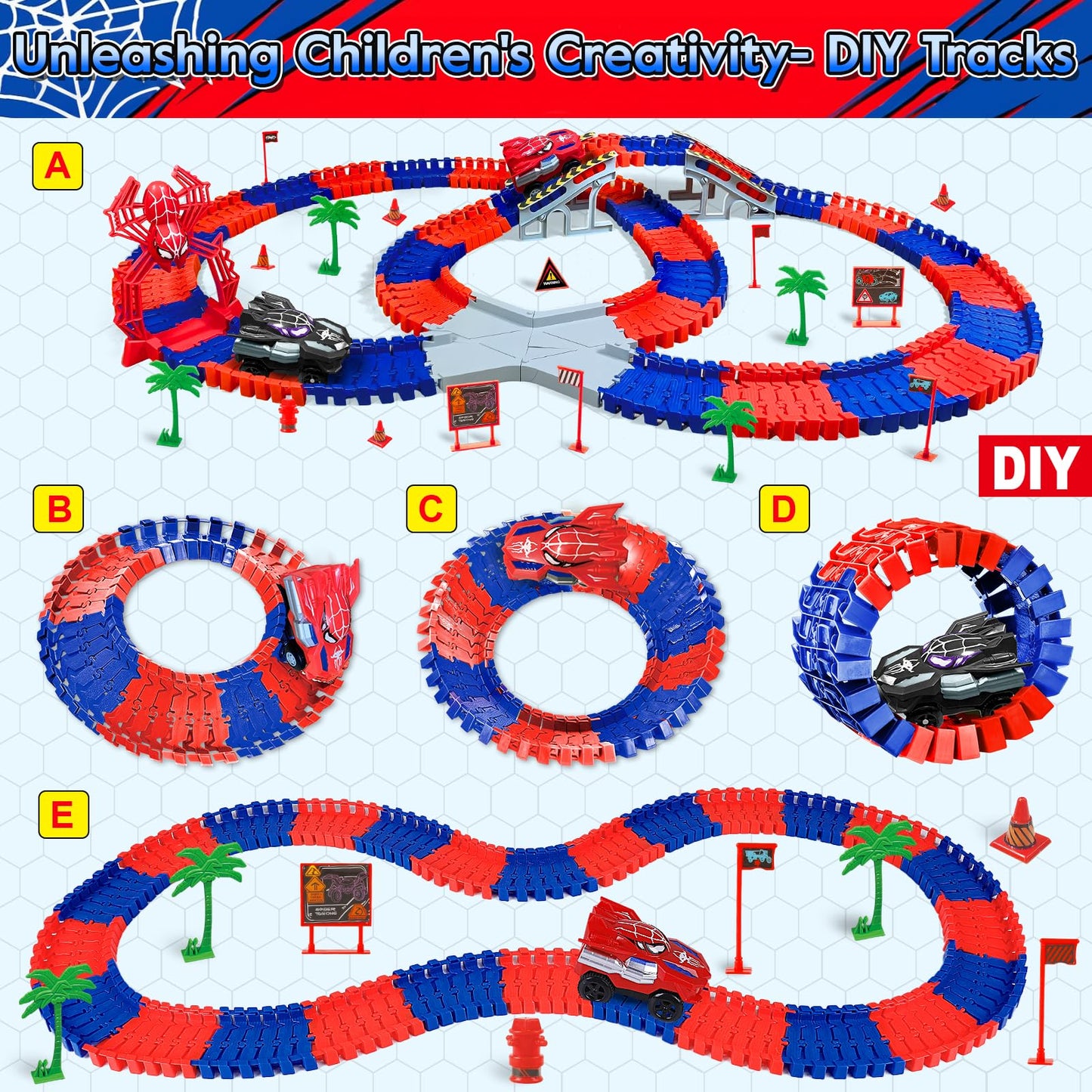 M SANMERSEN Spider Race Track – 212-Piece Set for Kids Aged 4-8