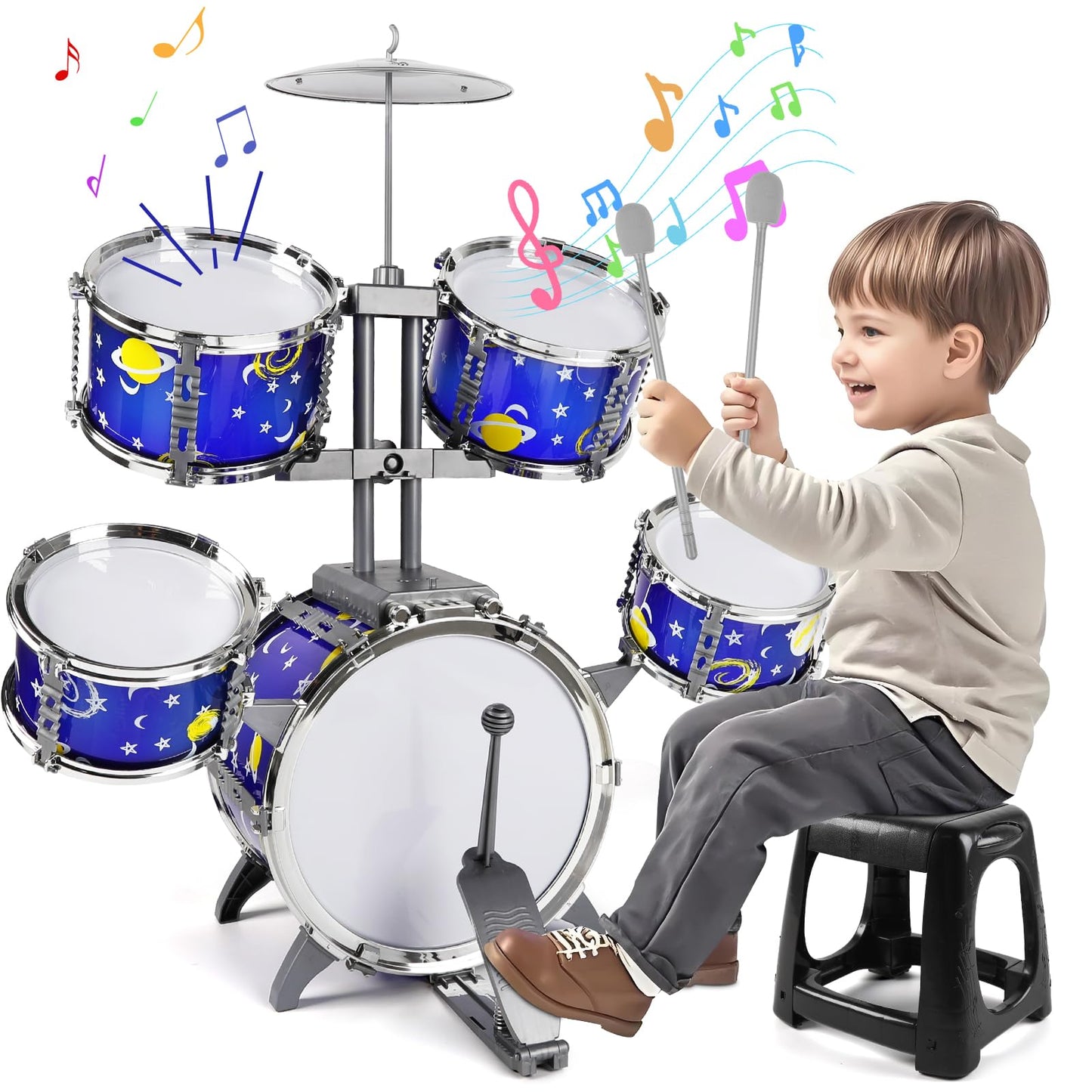 M SANMERSEN Upgraded Kids Jazz Drum Set with Stool | Toddler Toy Drum Kit 1-5
