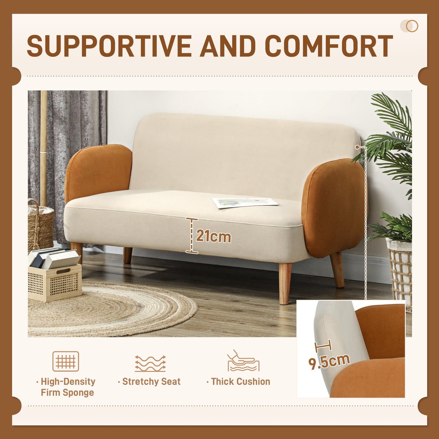 HOMCOM Modern 2 Seater Sofa w/ Rubber Wood Legs 130 x 74 x 76cm