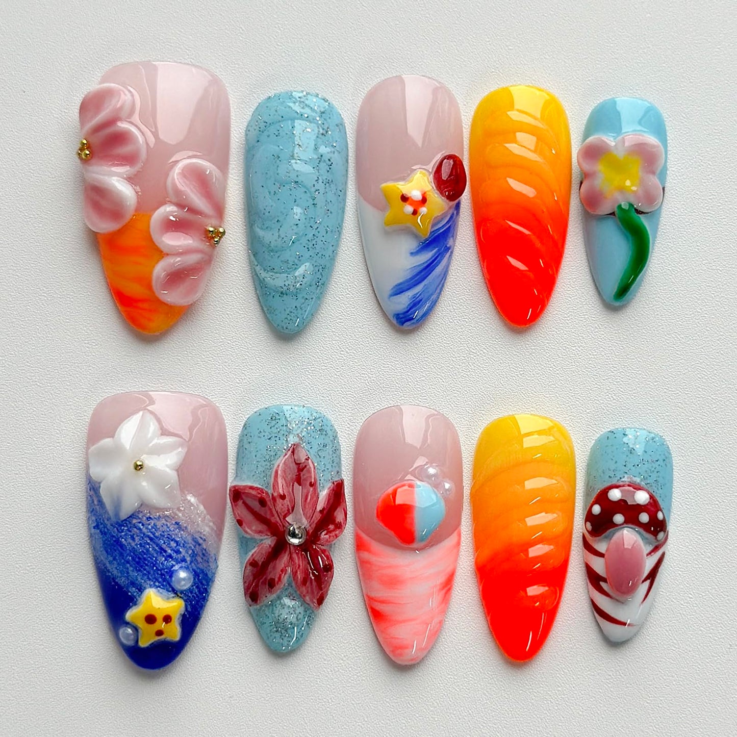 MABKJLF Luxury Press On Nails – Medium Almond, 3D Handmade, Reusable ABS, French Tip