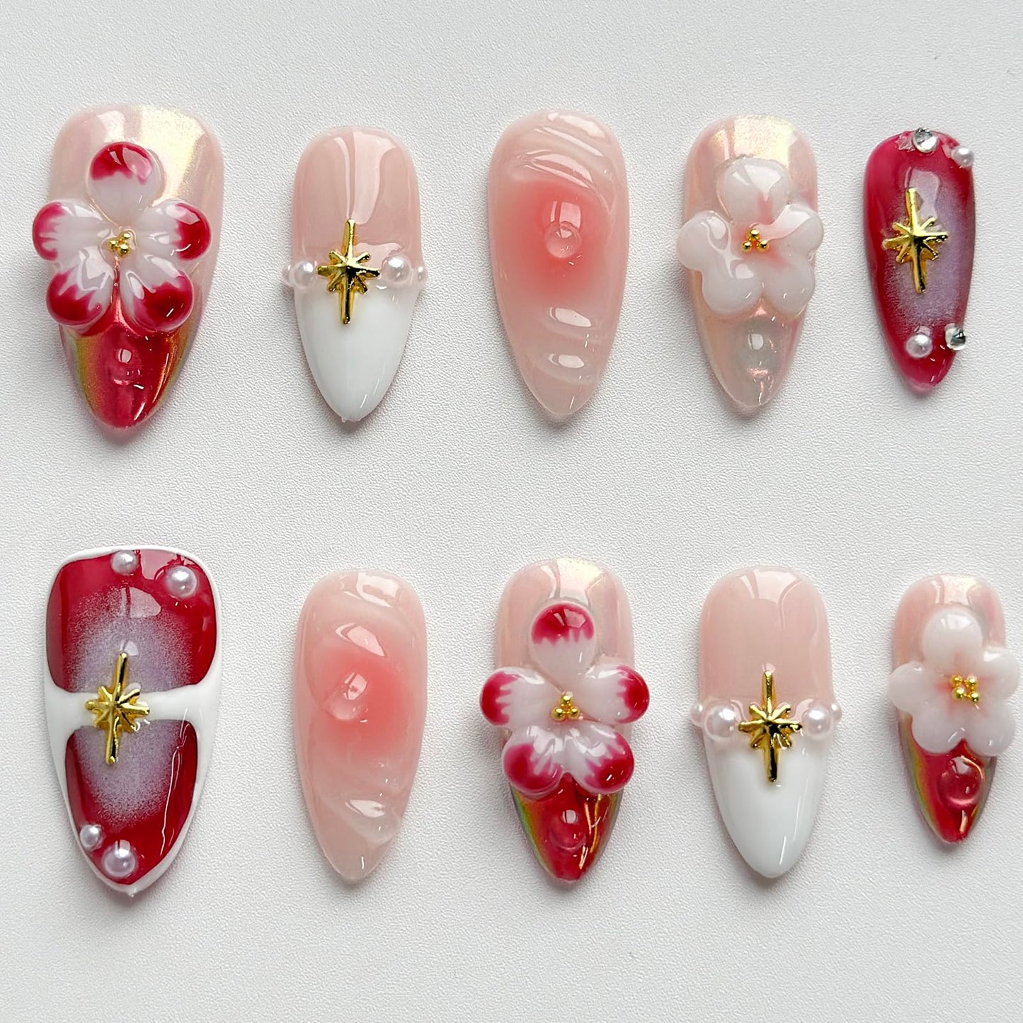 MABKJLF Luxury Press On Nails – Medium Almond, 3D Design, Reusable ABS, Chrome French Tip