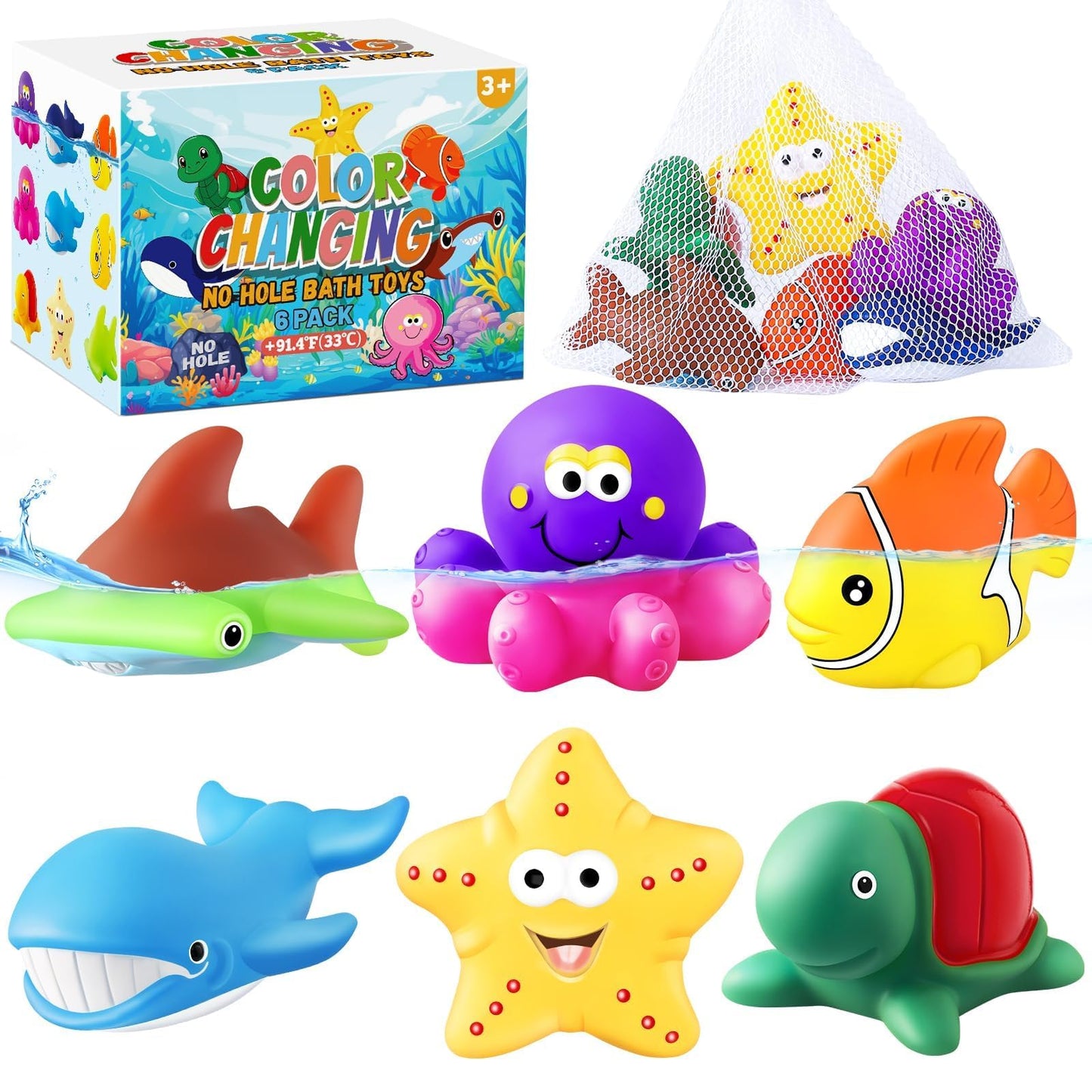 MACALOCA Color-Changing Bath Toys for Toddlers – Sea Creatures No-Hole Set