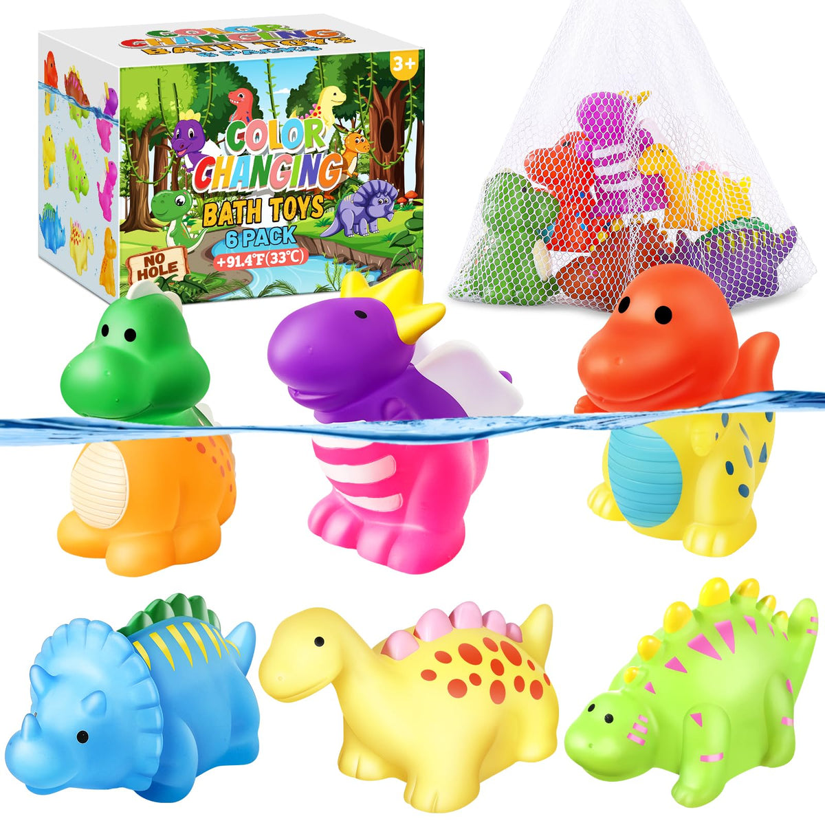 Macaloca Color-Changing No-Hole Dinosaur Bath Toys for Toddlers & Kids 1–8 | Drying Bag Included
