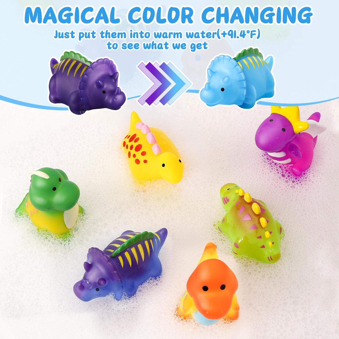 Macaloca Color-Changing No-Hole Dinosaur Bath Toys for Toddlers & Kids 1–8 | Drying Bag Included