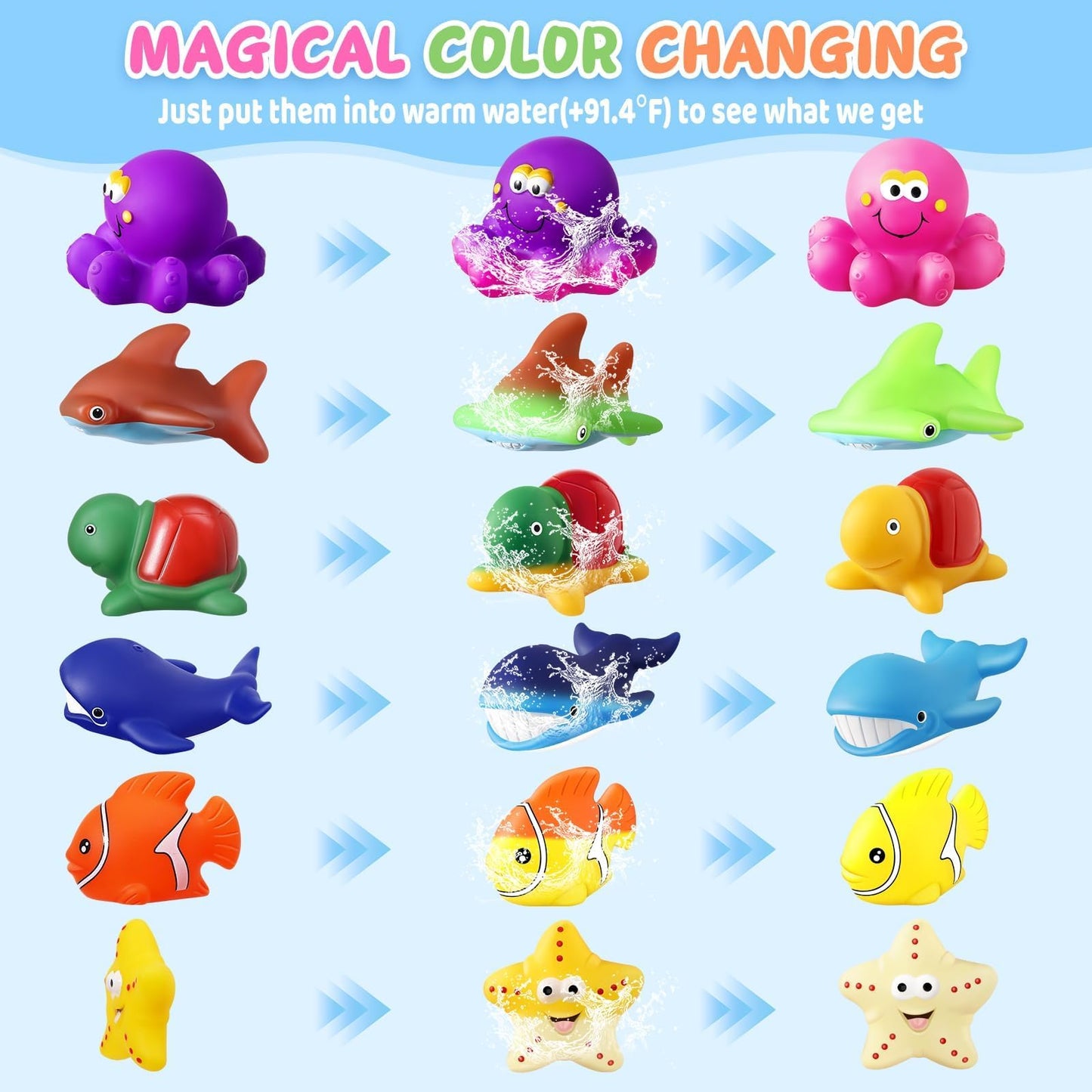 MACALOCA Color-Changing Bath Toys for Toddlers – Sea Creatures No-Hole Set