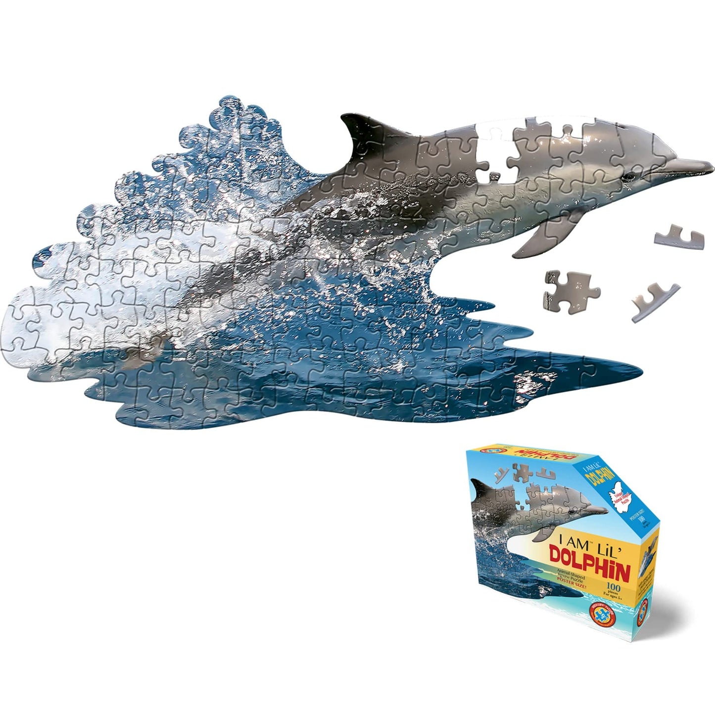 Madd Capp Puzzles Jr. I AM Lil’ Dolphin — 100 Pieces — Animal-Shaped Jigsaw Puzzle for Ages 5+